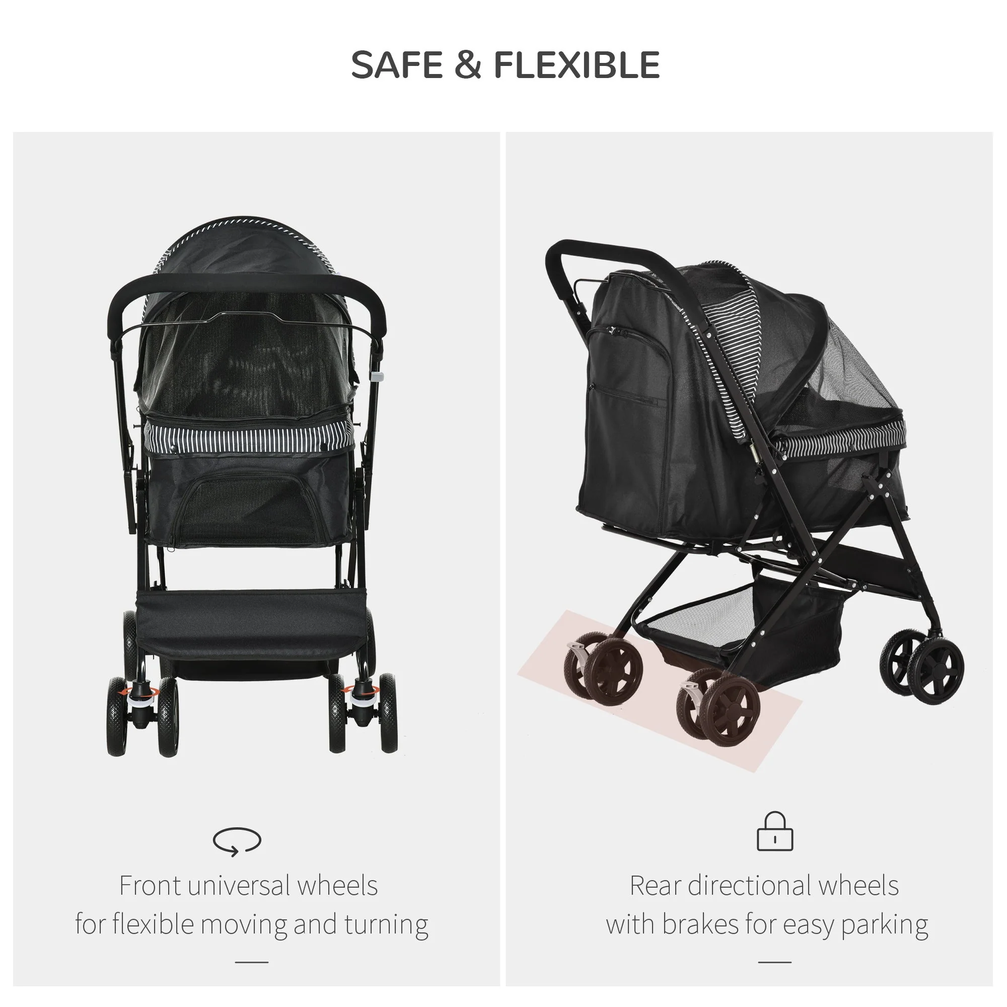 PawHut Pet Stroller Pushchair Foldable Travel Dog Cat Carriage w/ Reversible Handle Brake Basket - Image 8
