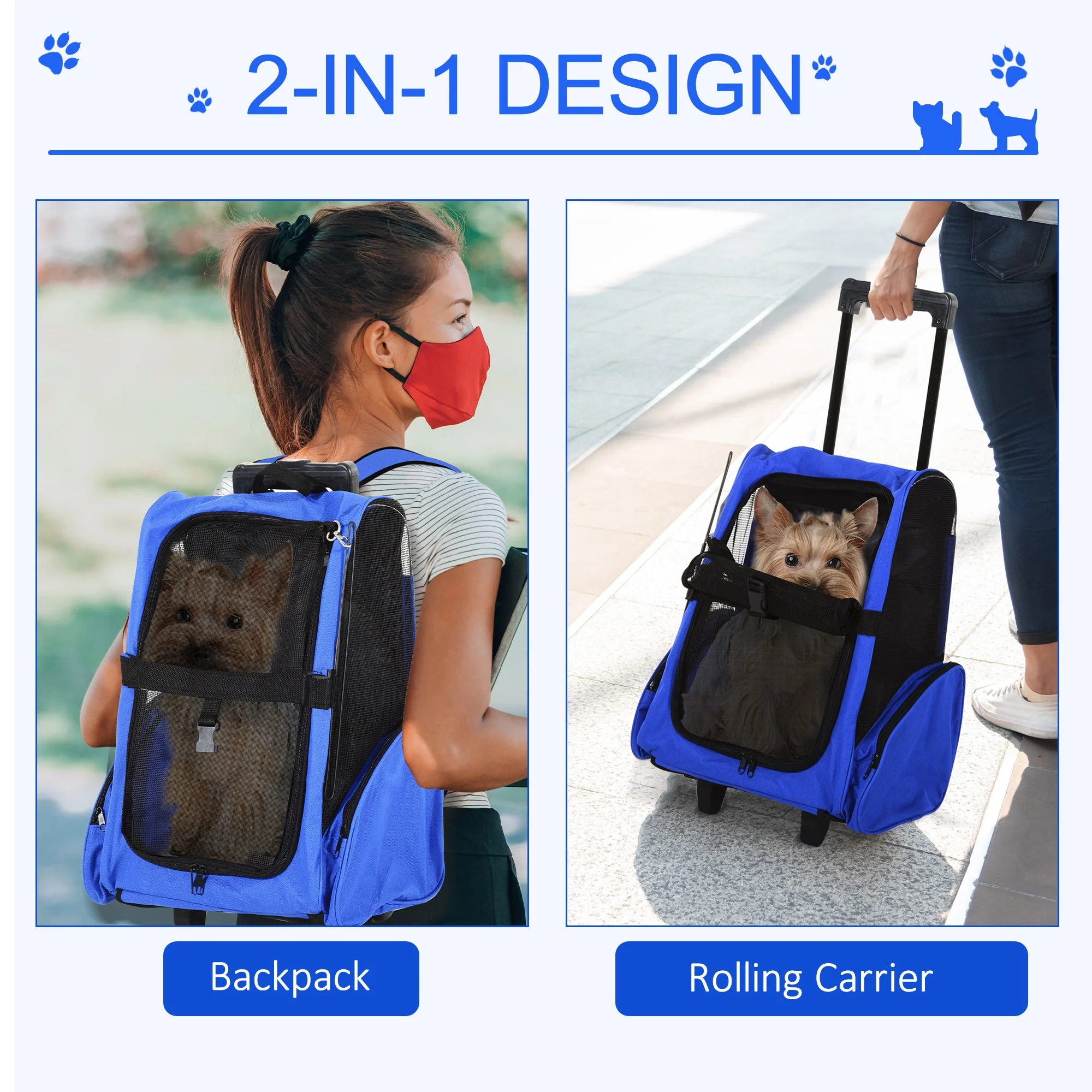 PawHut Pet Travel Backpack Bag Cat Puppy Dog Carrier w/ Trolley and Telescopic Handle Portable Stroller Wheel Luggage Bag Blue - Image 4