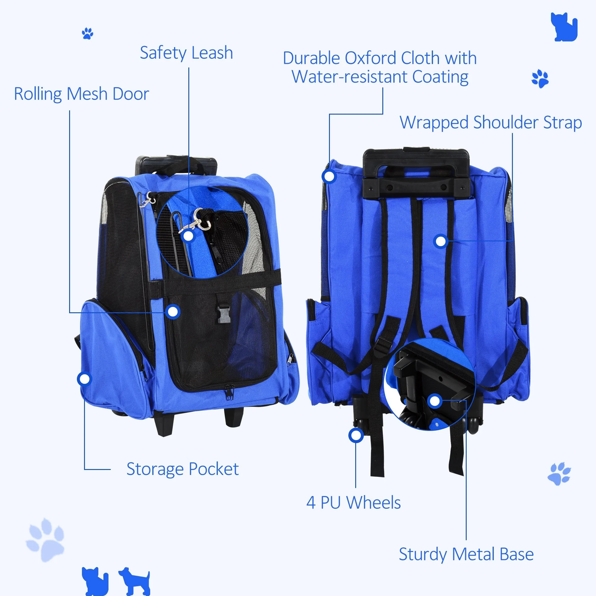 PawHut Pet Travel Backpack Bag Cat Puppy Dog Carrier w/ Trolley and Telescopic Handle Portable Stroller Wheel Luggage Bag Blue - Image 6