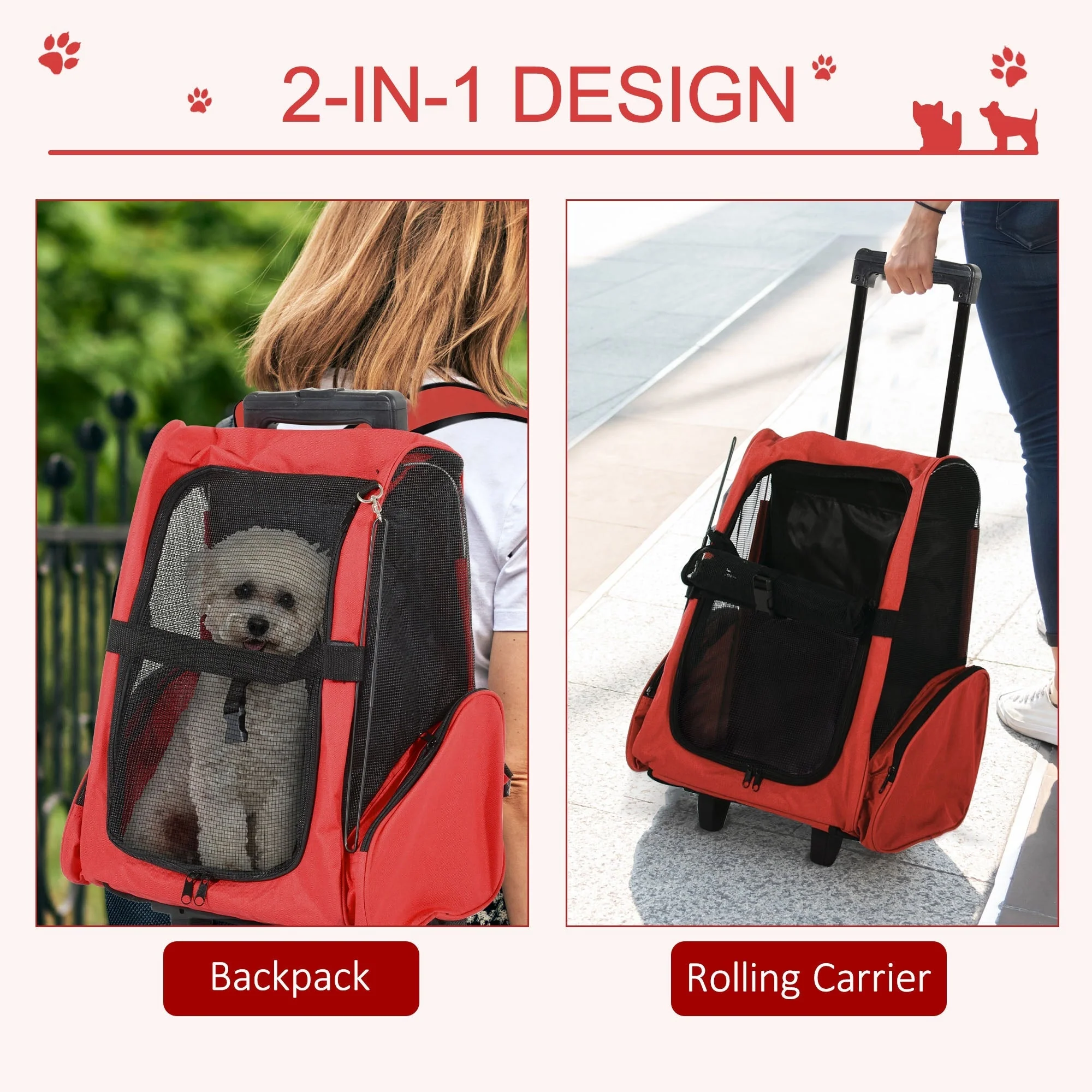 PawHut Pet Travel Backpack Bag Cat Puppy Dog Carrier w/ Trolley and Telescopic Handle Portable Stroller Wheel Luggage Bag (Red) - Image 4