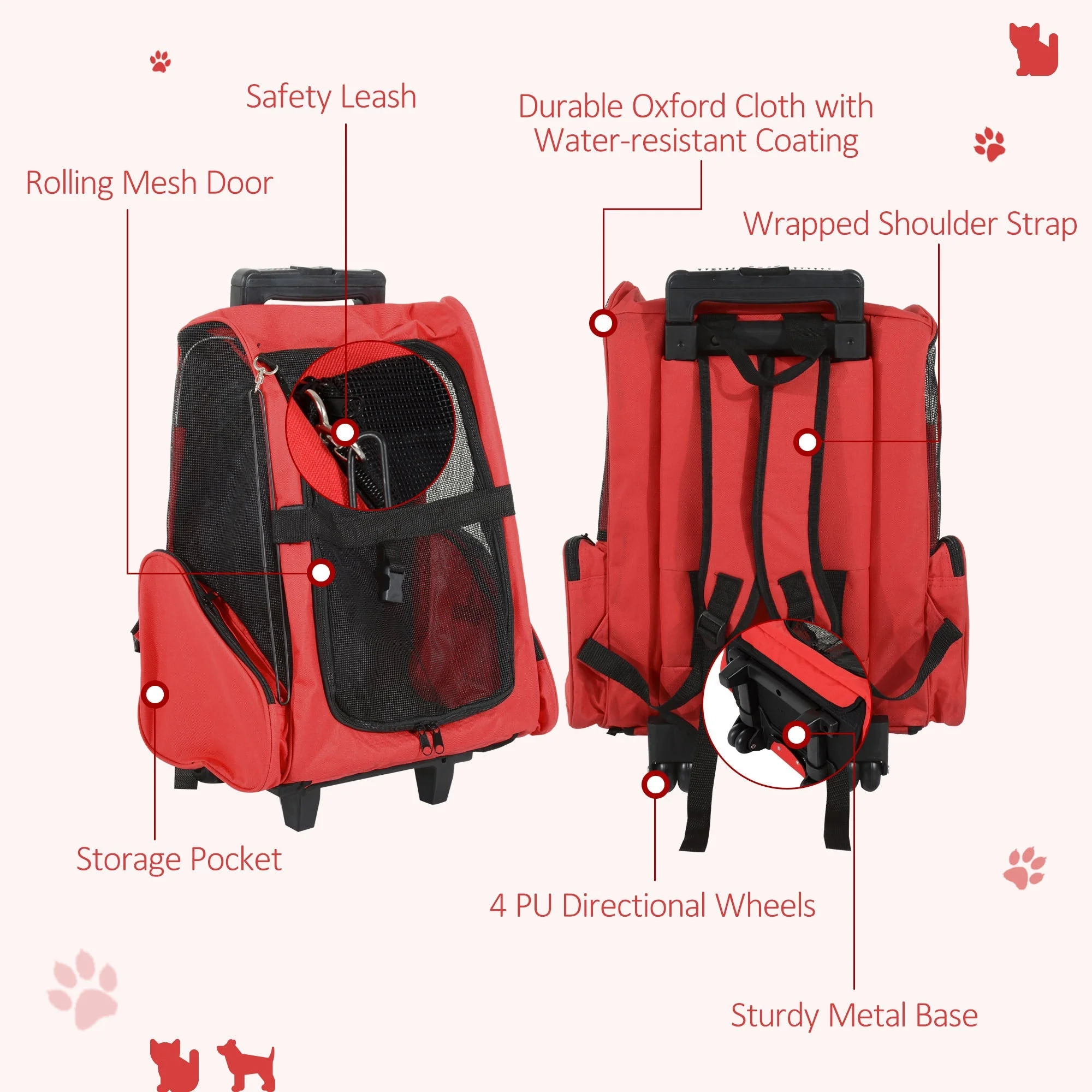 PawHut Pet Travel Backpack Bag Cat Puppy Dog Carrier w/ Trolley and Telescopic Handle Portable Stroller Wheel Luggage Bag (Red) - Image 6