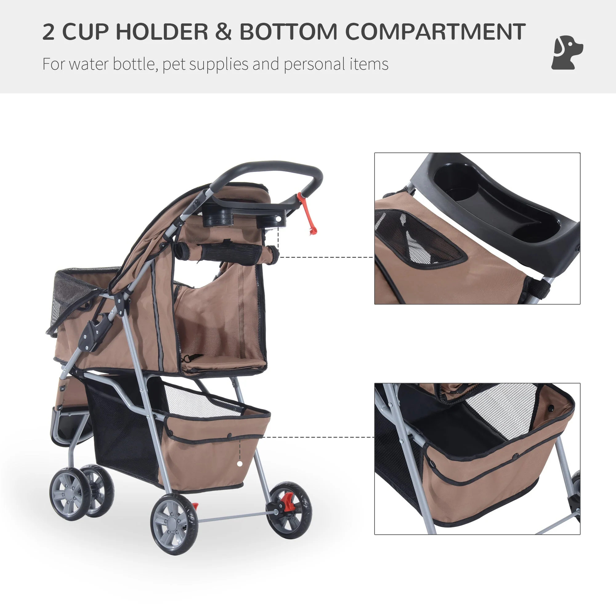 PawHut Pet Travel Stroller Cat Dog Pushchair Trolley Puppy Jogger Carrier Three Wheels for Small Miniature DogsCoffee - Image 3