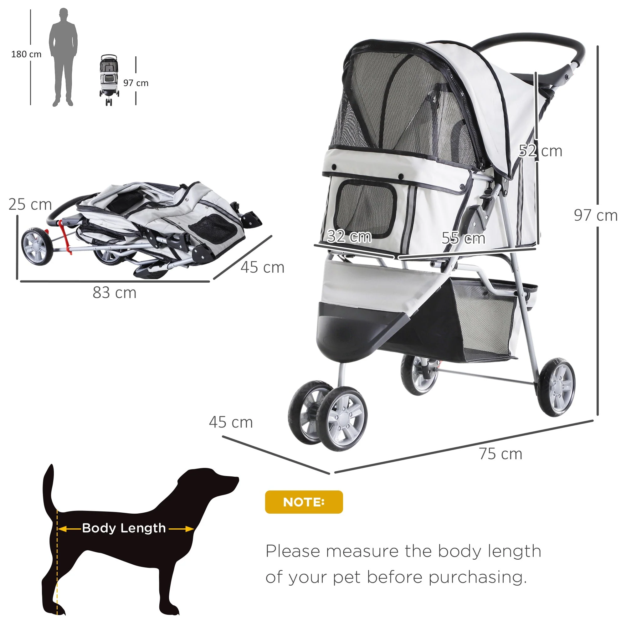 PawHut Pet Travel Stroller Cat Dog Pushchair Trolley Puppy Jogger Carrier Three Wheels for Small Miniature DogsGrey - Image 3