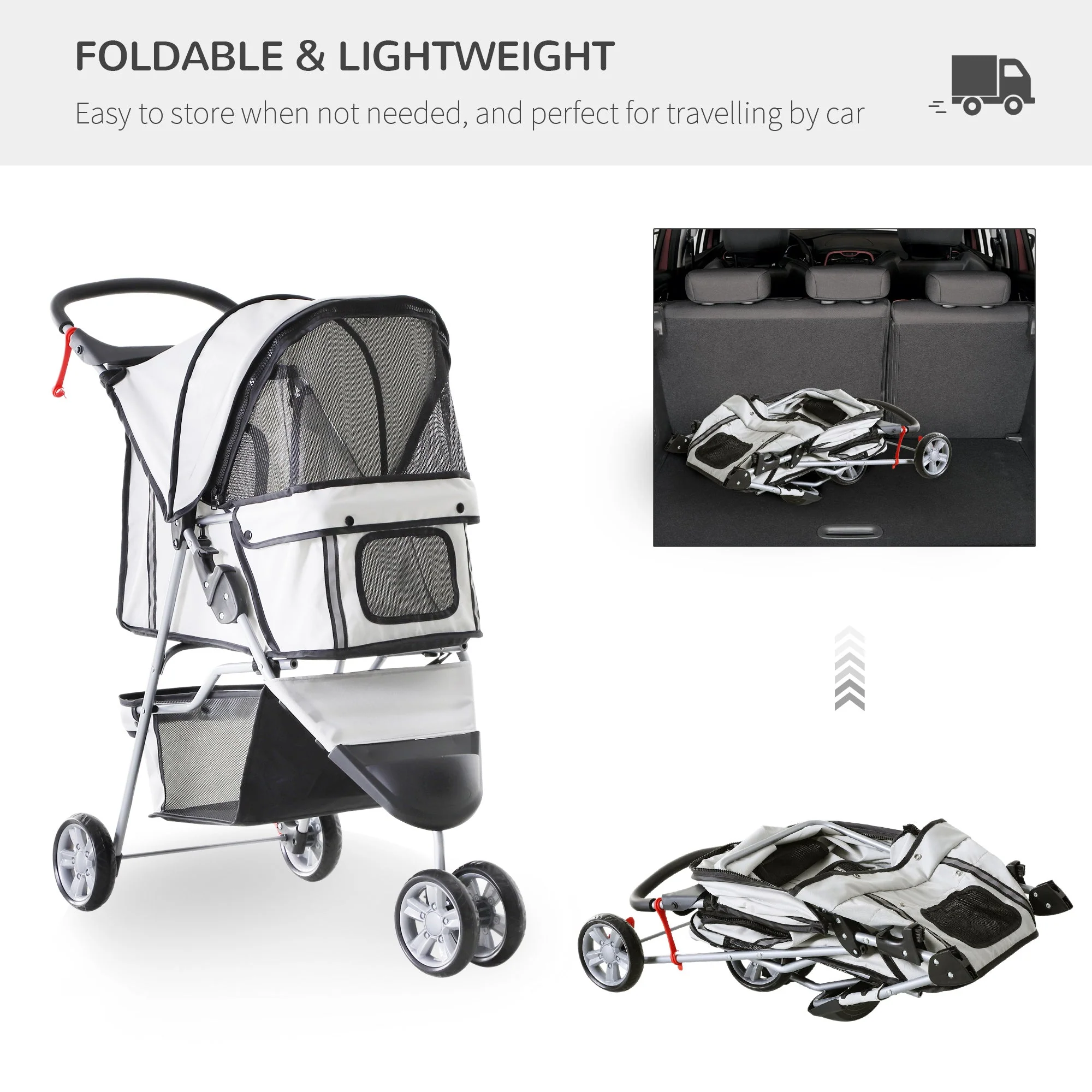 PawHut Pet Travel Stroller Cat Dog Pushchair Trolley Puppy Jogger Carrier Three Wheels for Small Miniature DogsGrey - Image 4