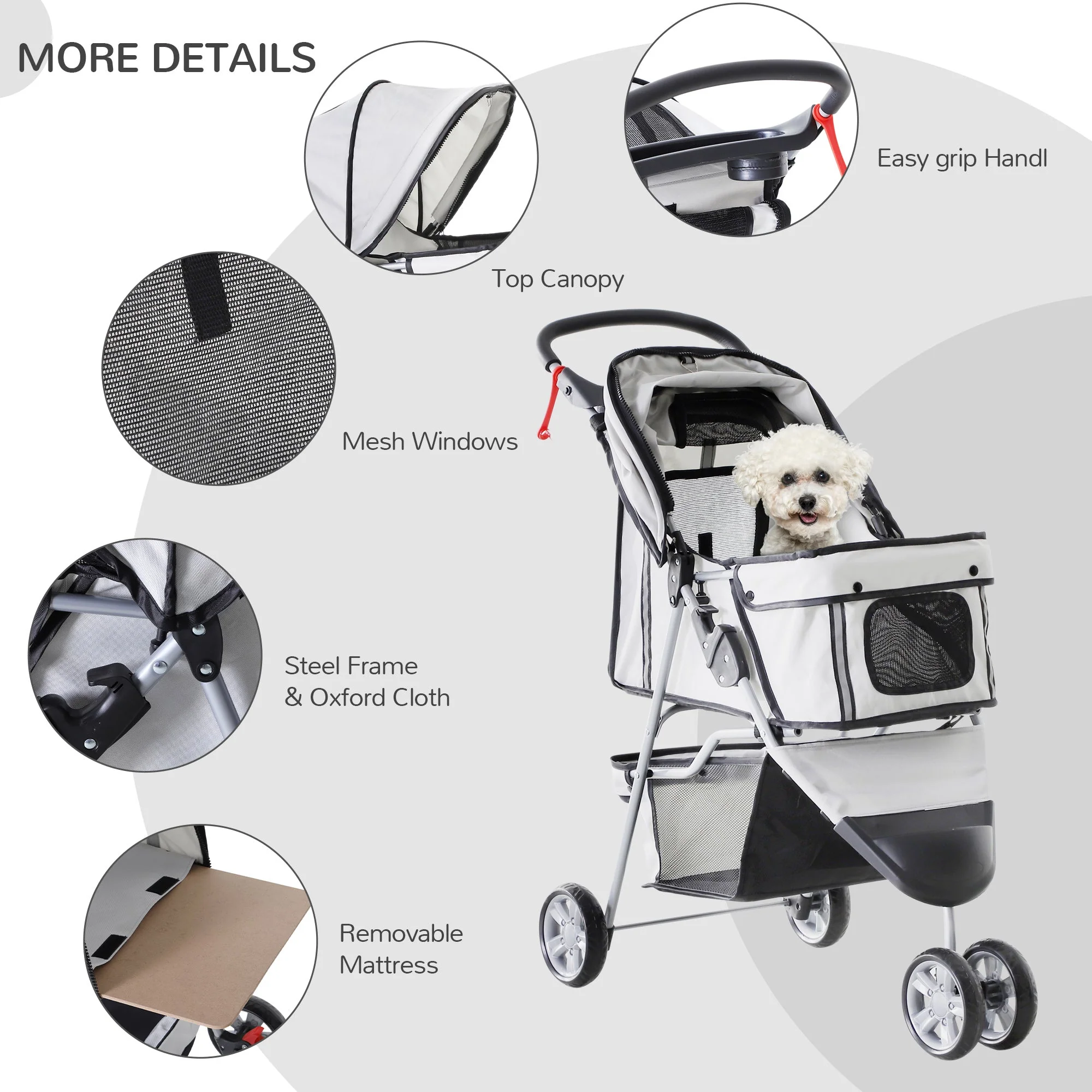 PawHut Pet Travel Stroller Cat Dog Pushchair Trolley Puppy Jogger Carrier Three Wheels for Small Miniature DogsGrey - Image 7