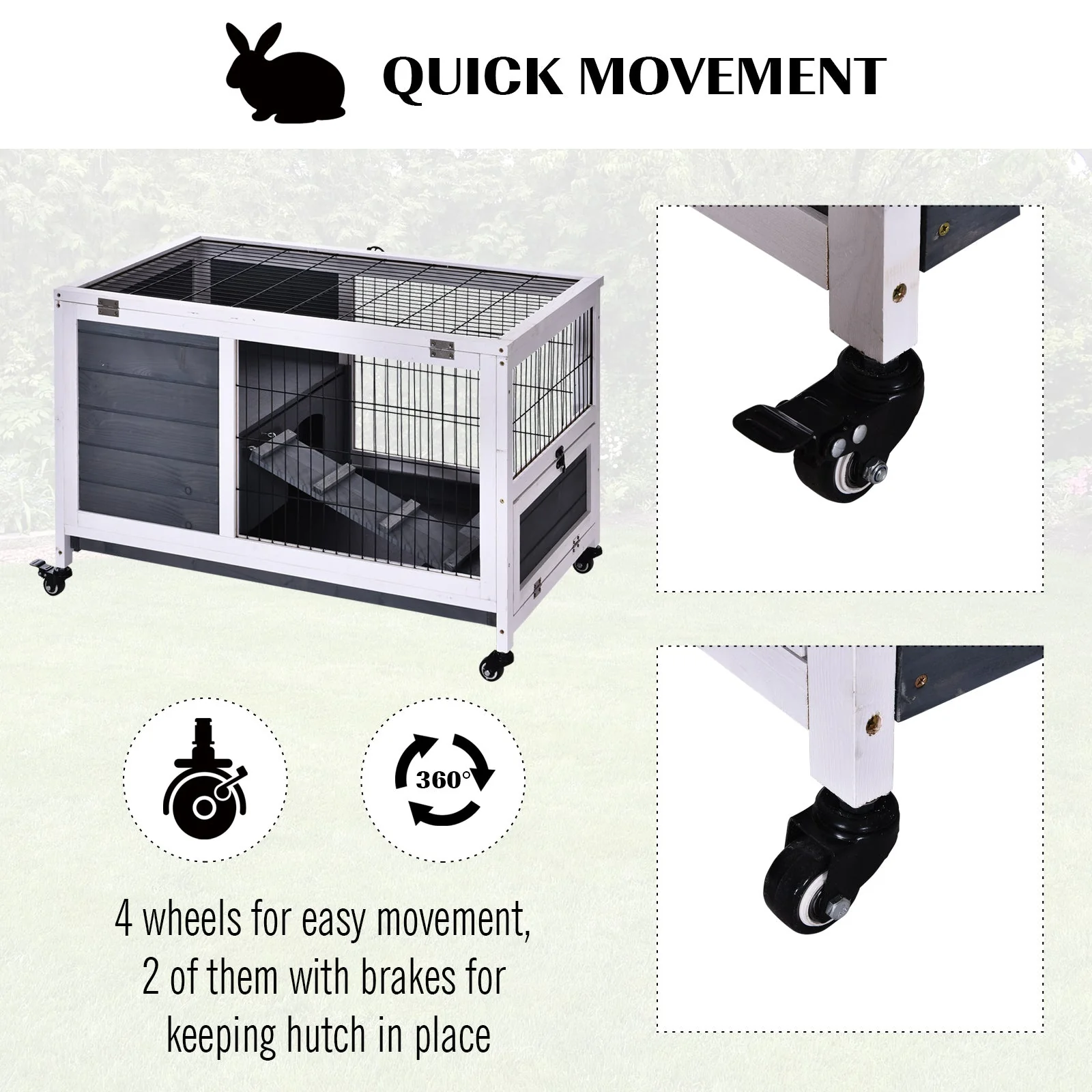 PawHut Rabbits Indoor Fir Wood Lift-Top Hutch-Grey and White - Image 7