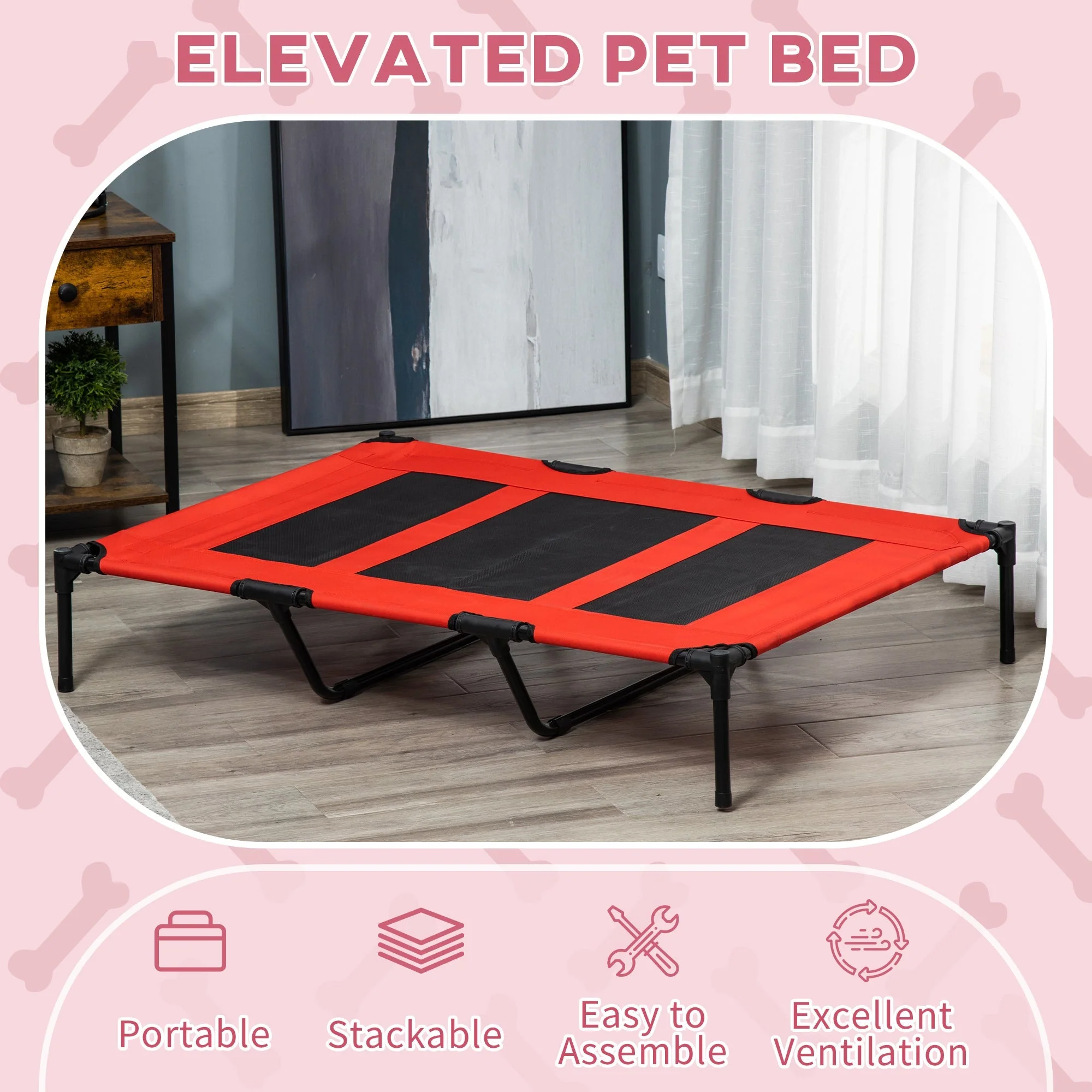 Pawhut Raised Dog Bed Cooling Elevated Pet Cot With Breathable Mesh For Indoor Outdoor Use Red - Image 3