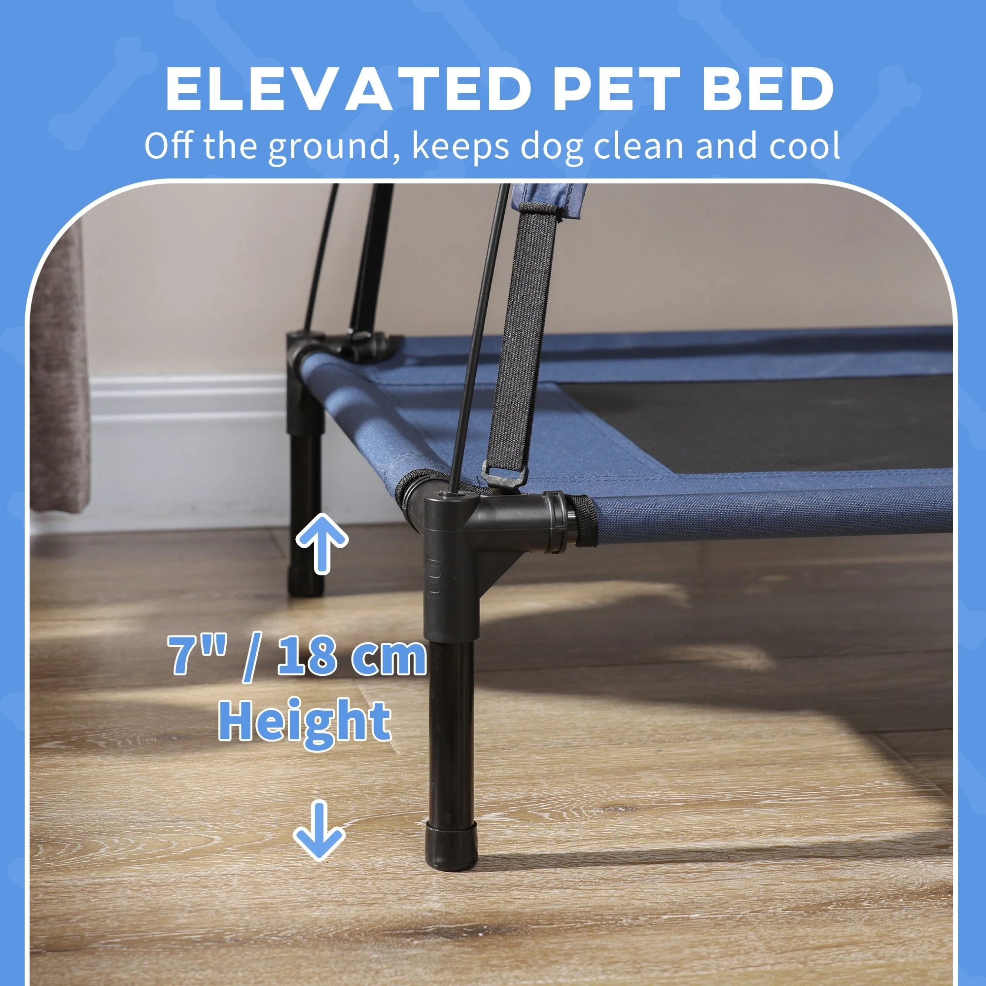 PawHut Raised Dog Bed Waterproof Elevated Pet Cot with Breathable Mesh UV Protection Canopy Blue - Image 7