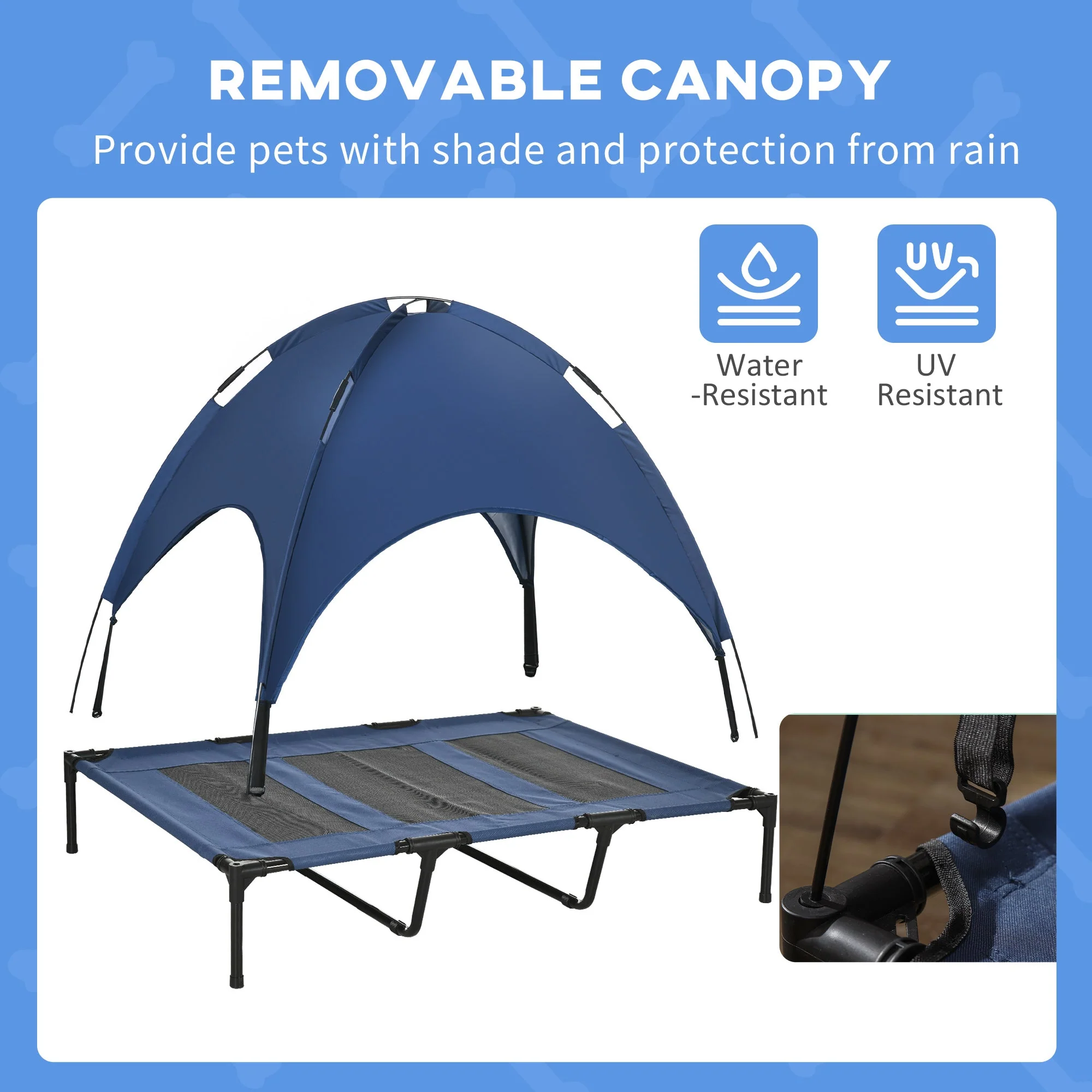 PawHut Raised Dog Bed Waterproof Elevated Pet Cot with Breathable Mesh UV Protection Canopy Blue - Image 5