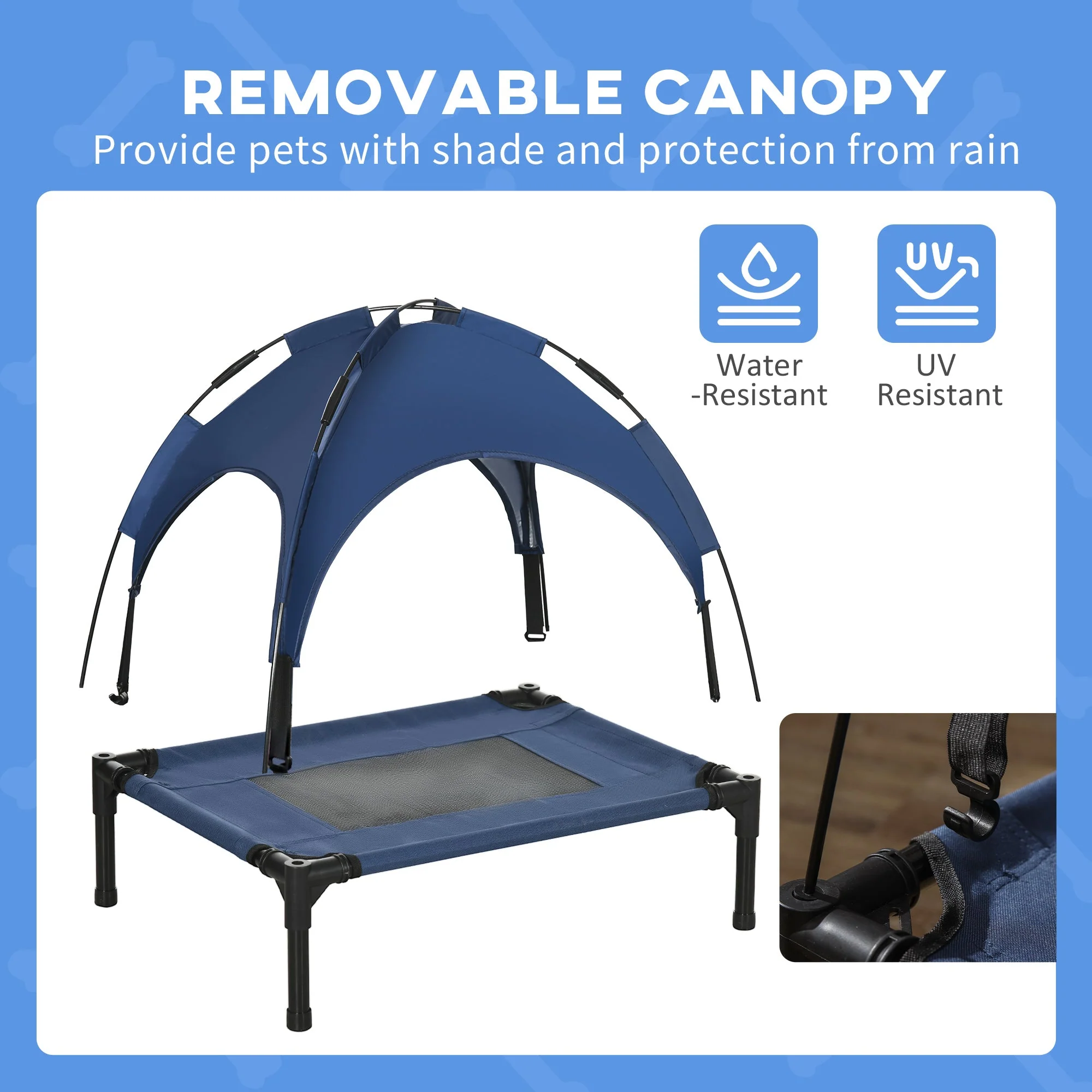PawHut Raised Dog Bed Waterproof Elevated Pet Cot with Breathable Mesh UV Protection Canopy Blue - Image 5