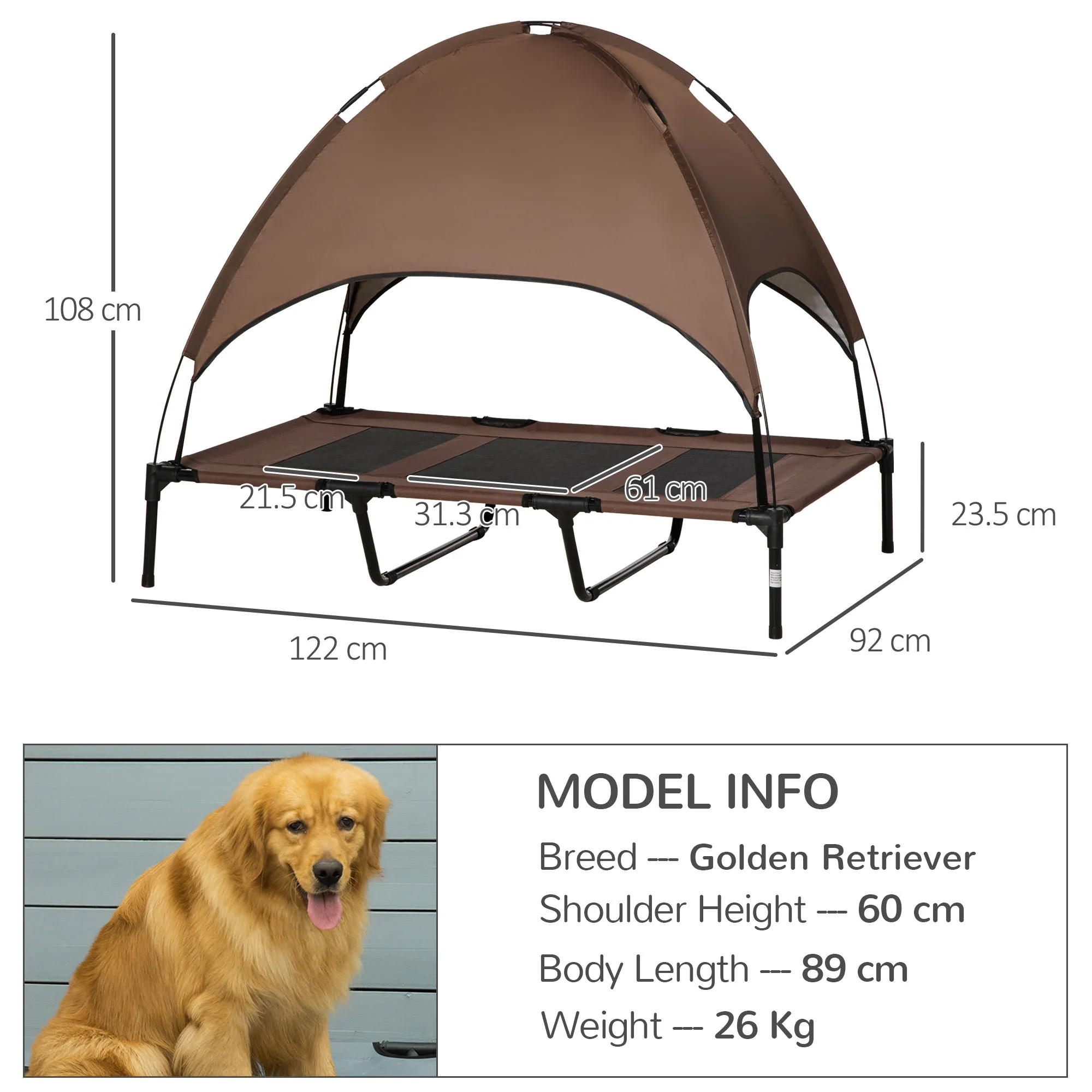 PawHut Raised Dog Bed Waterproof Elevated Pet Cot with Breathable Mesh UV Protection Canopy Coffee - Image 2
