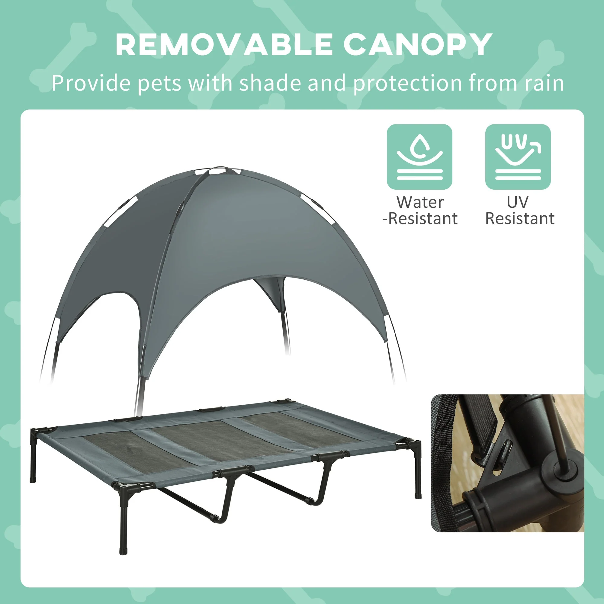 PawHut Raised Dog Bed Waterproof Elevated Pet Cot with Breathable Mesh UV Protection Canopy Grey - Image 6