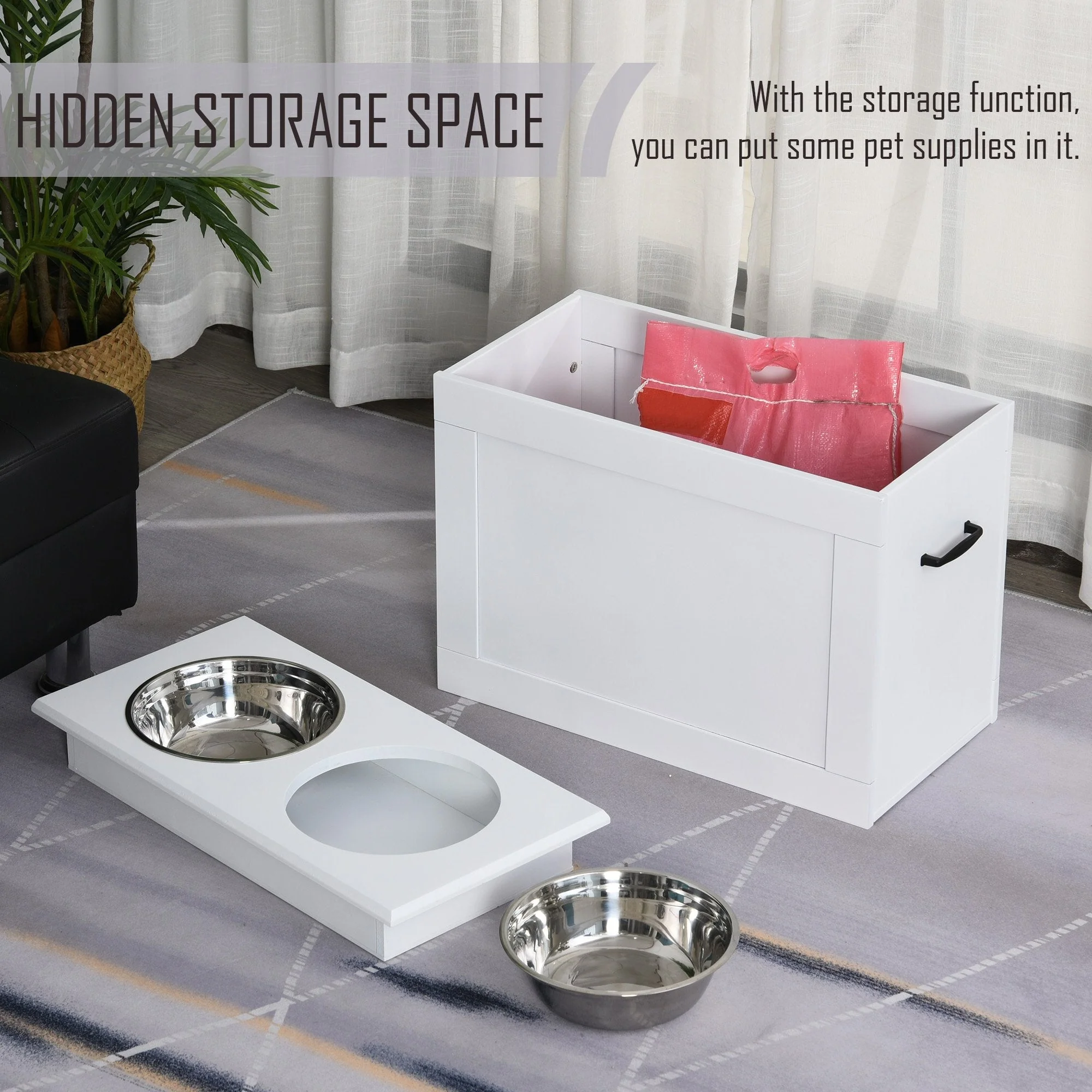 PawHut Raised Dog Bowls Pet Feeding Storage Station with 2 Stainless Steel Bowls Base for Large Dogs and Other Large Pets - Image 5
