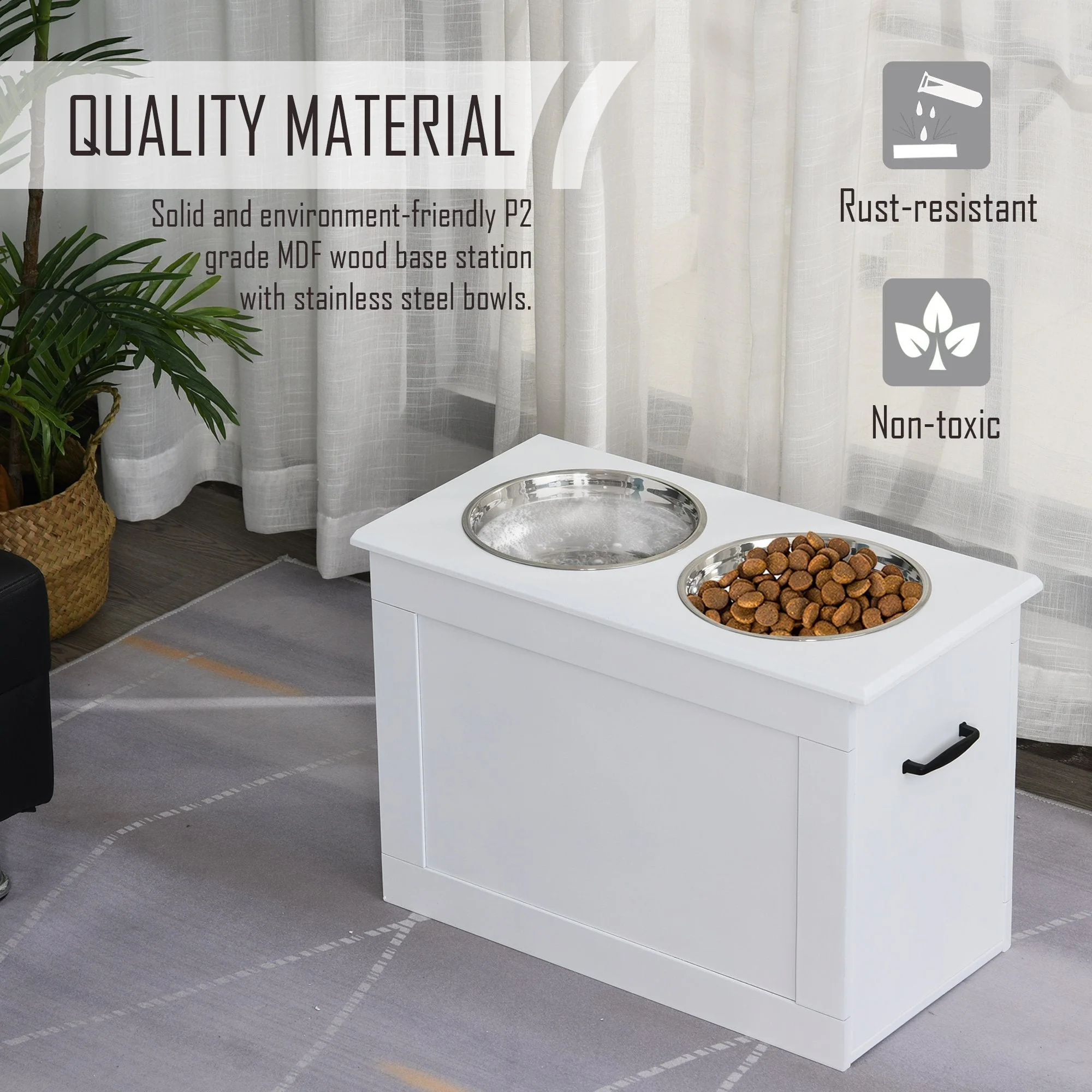 PawHut Raised Dog Bowls Pet Feeding Storage Station with 2 Stainless Steel Bowls Base for Large Dogs and Other Large Pets - Image 6