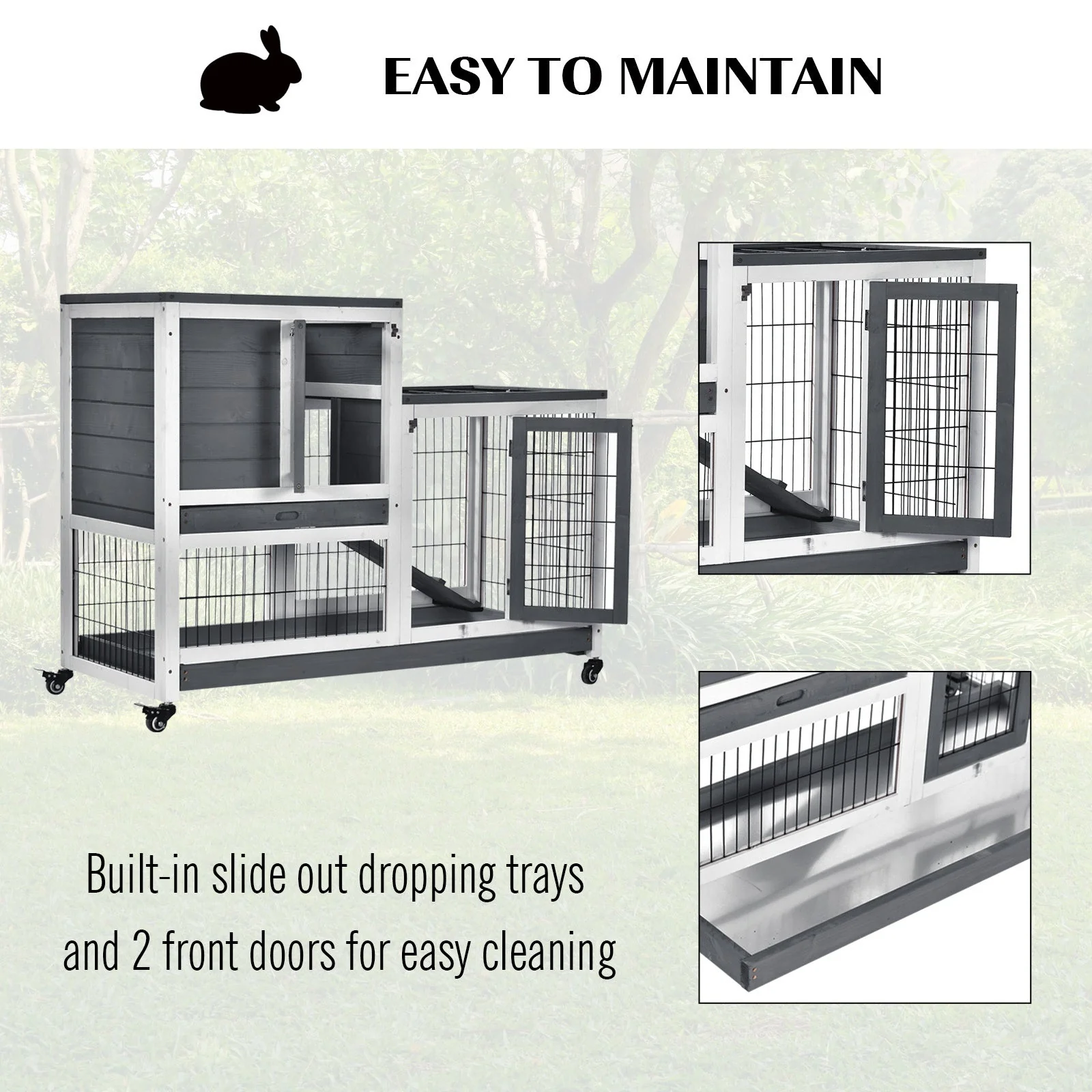 PawHut Small Animals 2-Tier Fir Wood Rabbit Hutch Indoor Grey - Image 7