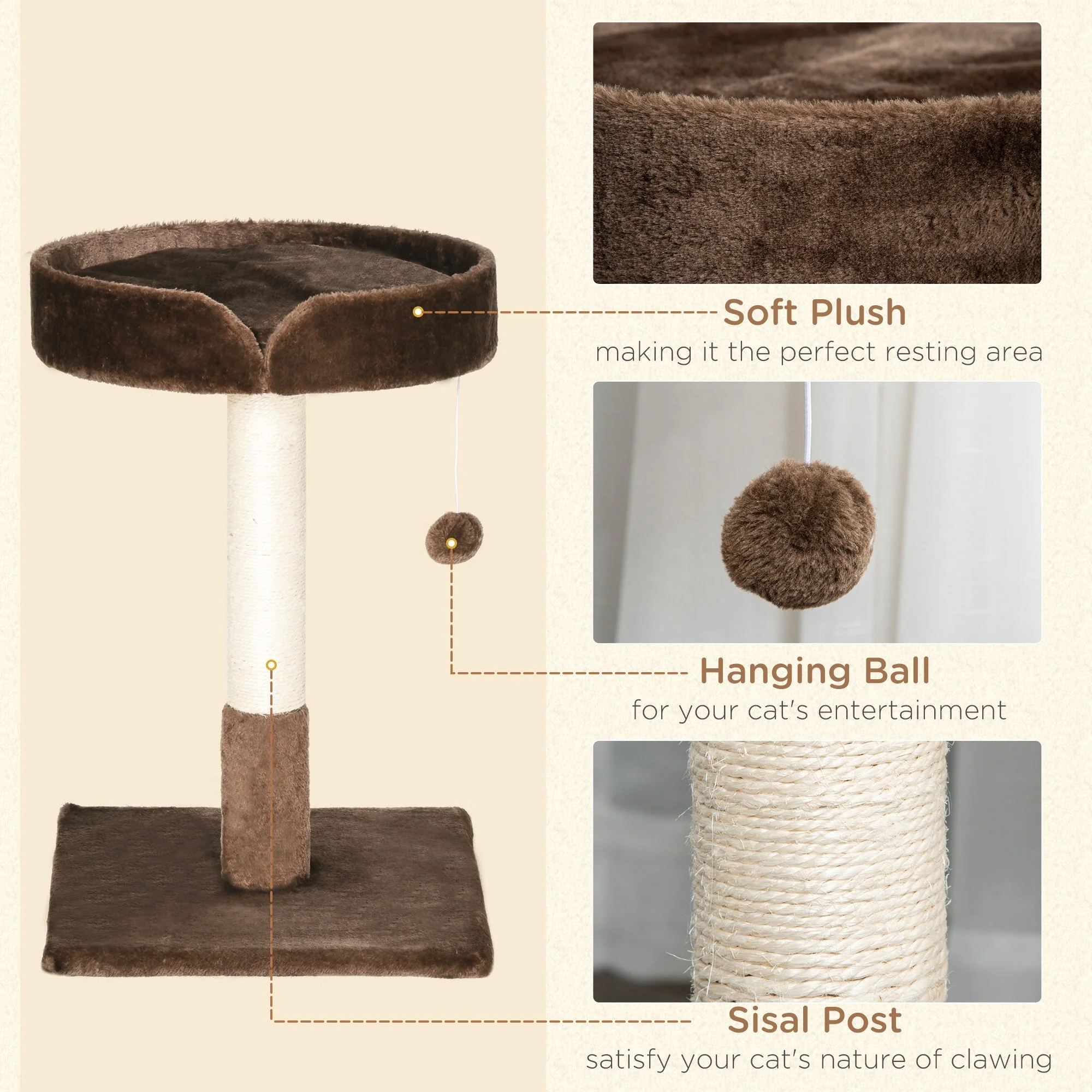PawHut Small Cat Tree for Indoor Cats with Sisal Scratching Post Kitten Bed Cushion Ball Toy - Image 6