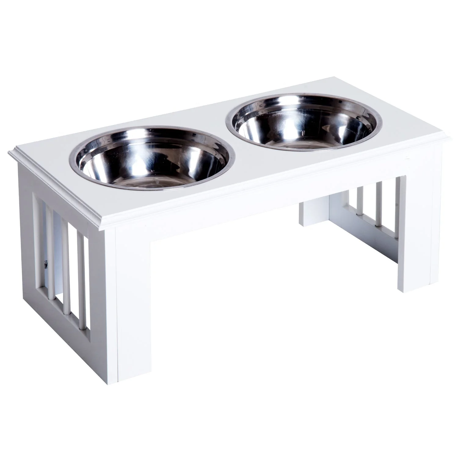 PawHut Stainless Steel Raised Dog Feeding Bowls with Stand for Small Medium Dogs Elevated Twin Pet Bowls Water Food Feeder 58.4L x 30.5W x 25.4H cm - White - Image 4