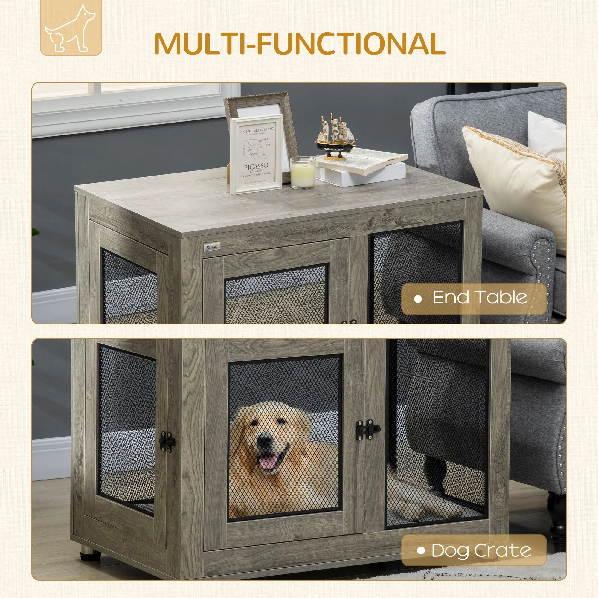 Pawhut Two-In-One Dog Cage & Side Table With Two Doors Cushion For Large Dogs - Image 4