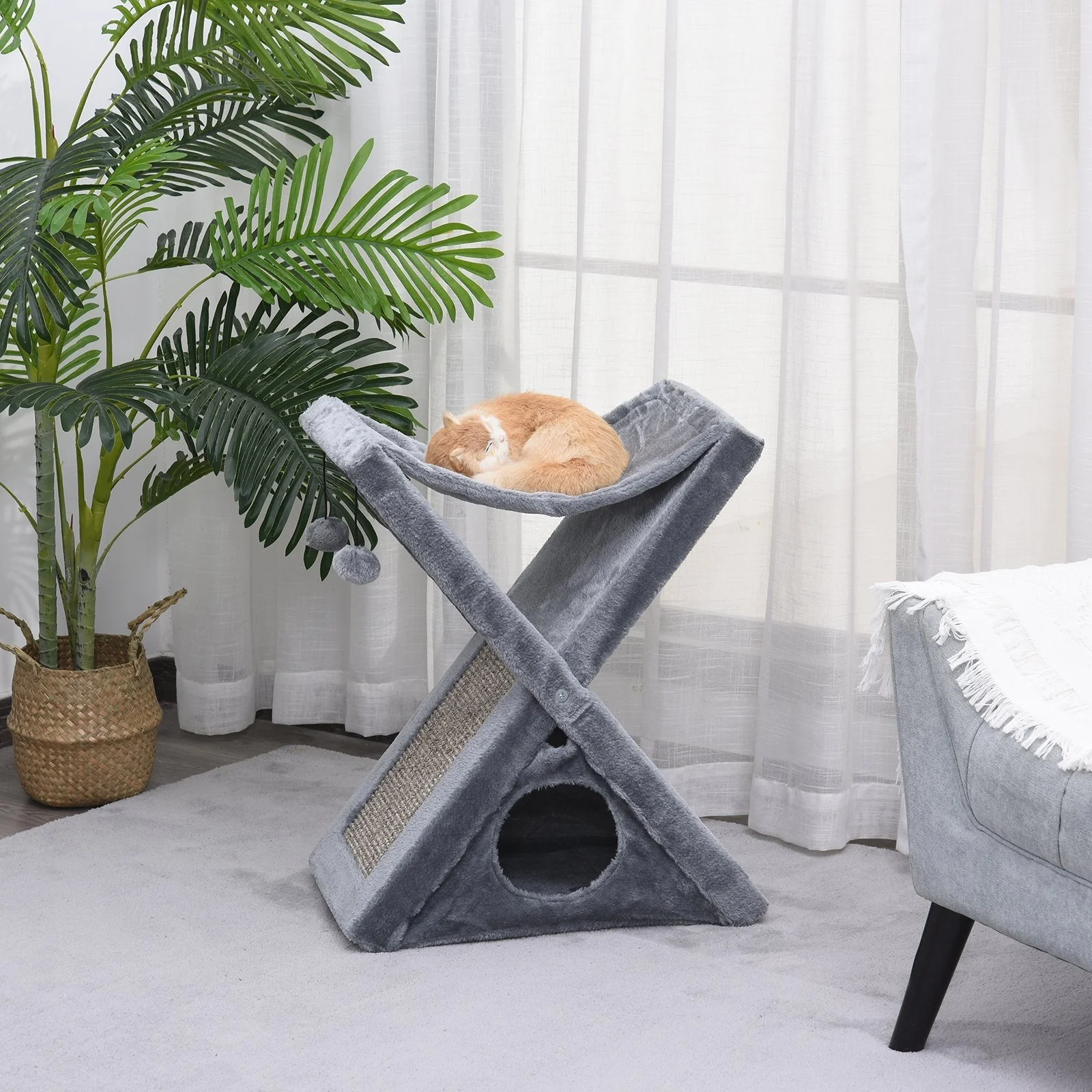 PawHut Two Tier Cat Tree for Indoor Cats Play Rest Activity Tower Plush Folding Relax Center w/ Scratching Post Hammock Pom Poms Grey - Image 5
