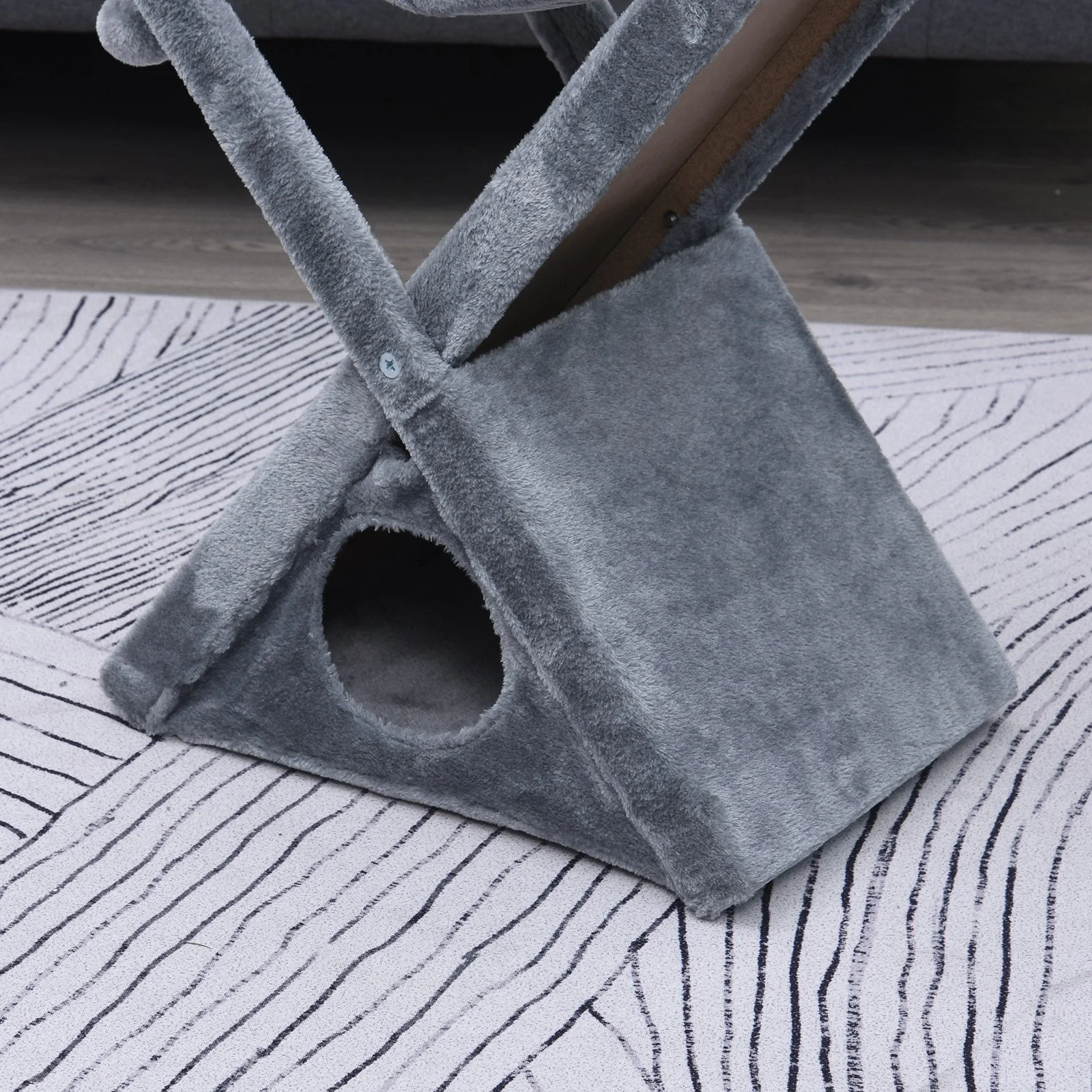PawHut Two Tier Cat Tree for Indoor Cats Play Rest Activity Tower Plush Folding Relax Center w/ Scratching Post Hammock Pom Poms Grey - Image 6