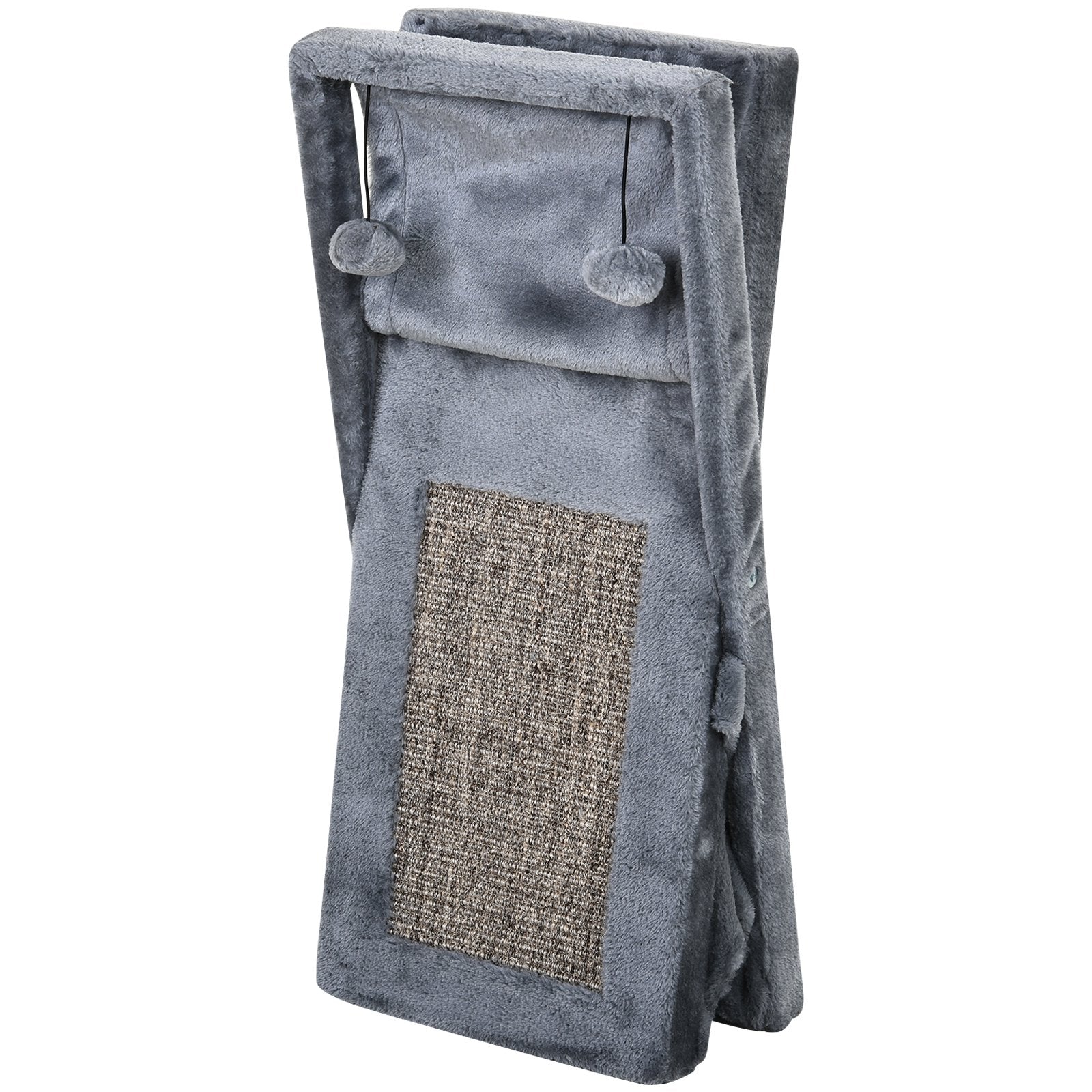 PawHut Two Tier Cat Tree for Indoor Cats Play Rest Activity Tower Plush Folding Relax Center w/ Scratching Post Hammock Pom Poms Grey - Image 7