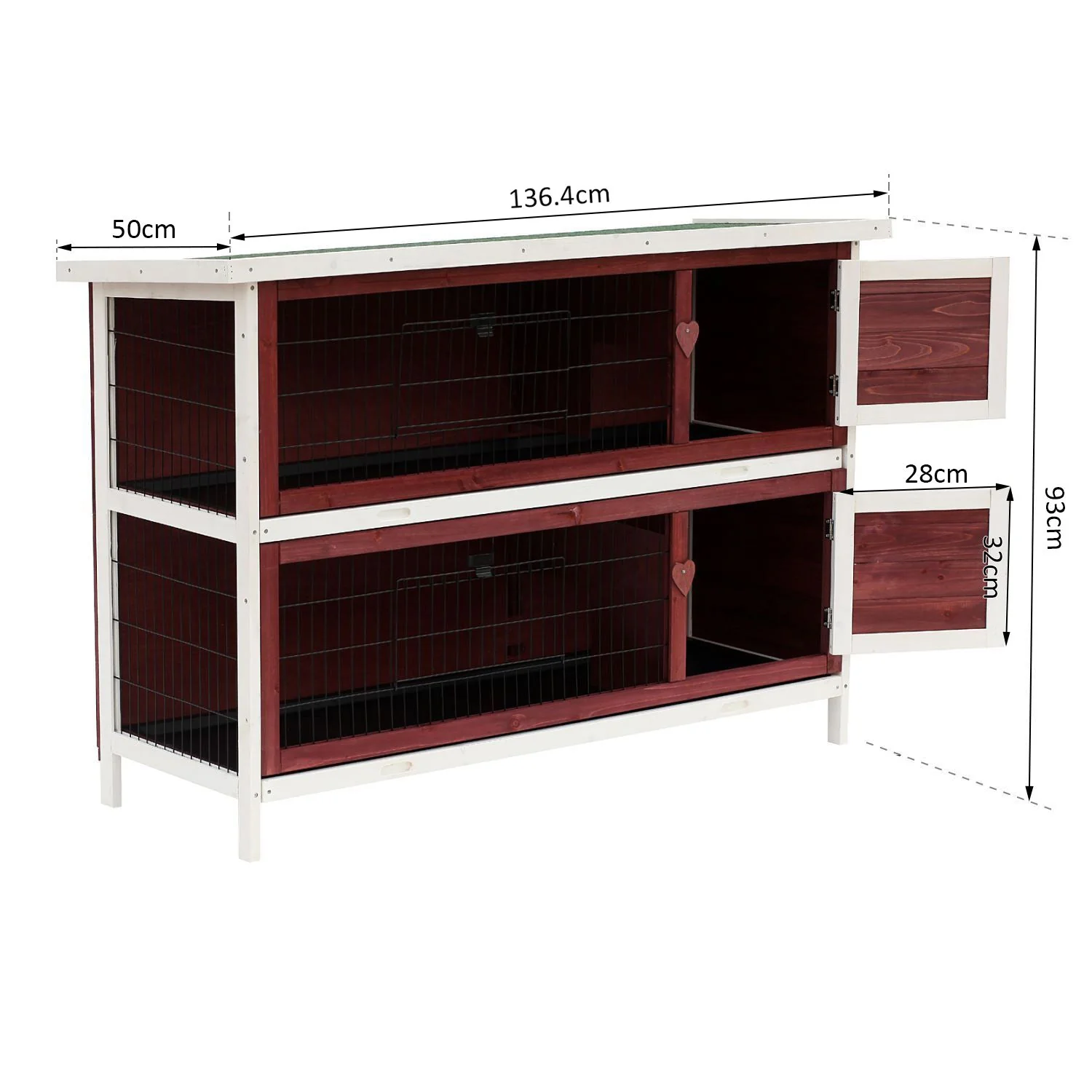 PawHut Two-Tier Double Decker Wooden Rabbit Hutch Pet Cage 136.4Lx50Wx93H cm-Brown/White - Image 3