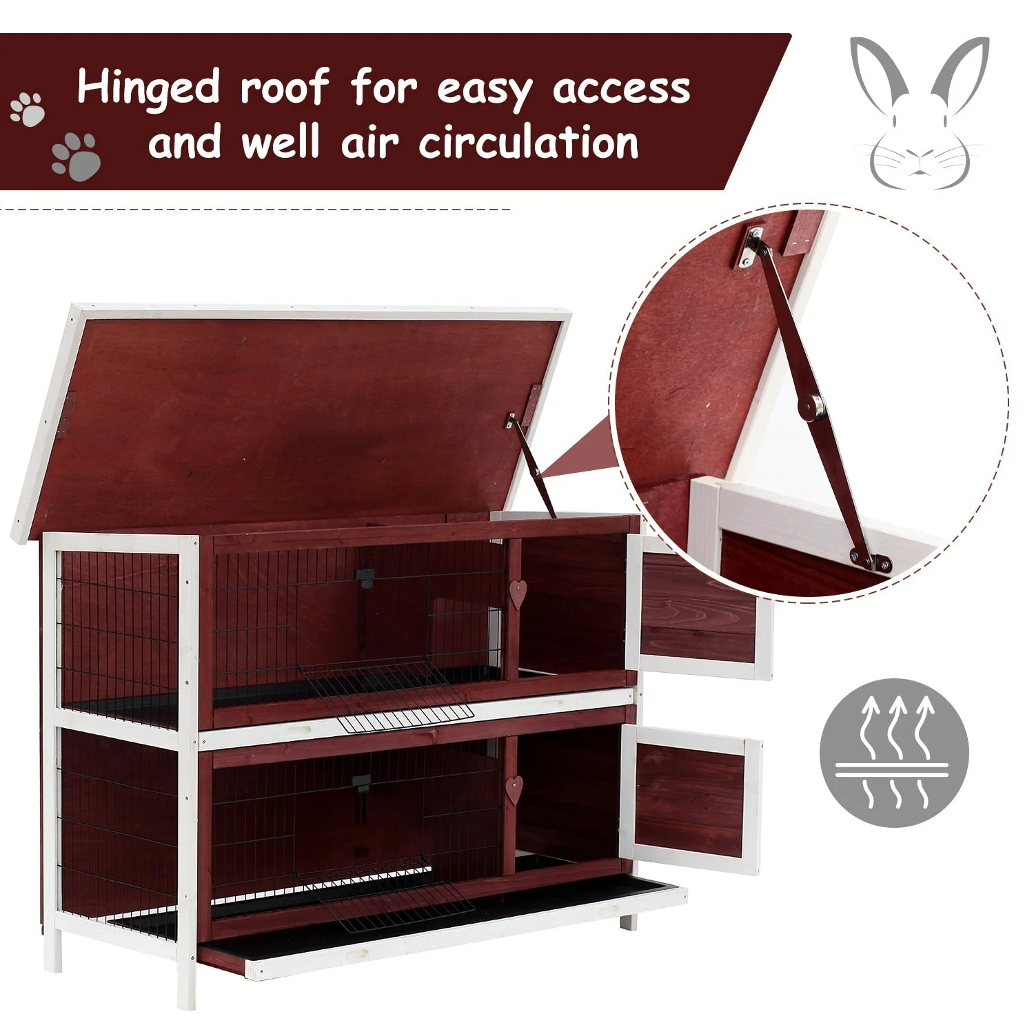 PawHut Two-Tier Double Decker Wooden Rabbit Hutch Pet Cage 136.4Lx50Wx93H cm-Brown/White - Image 5
