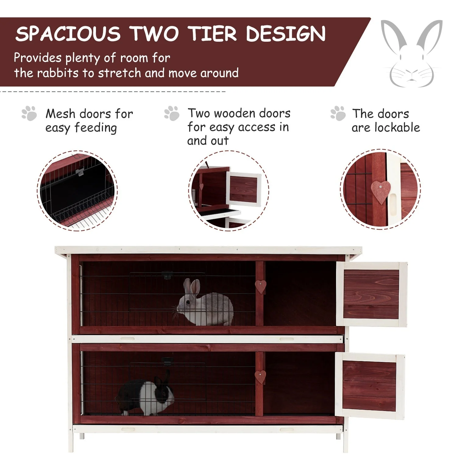 PawHut Two-Tier Double Decker Wooden Rabbit Hutch Pet Cage 136.4Lx50Wx93H cm-Brown/White - Image 7