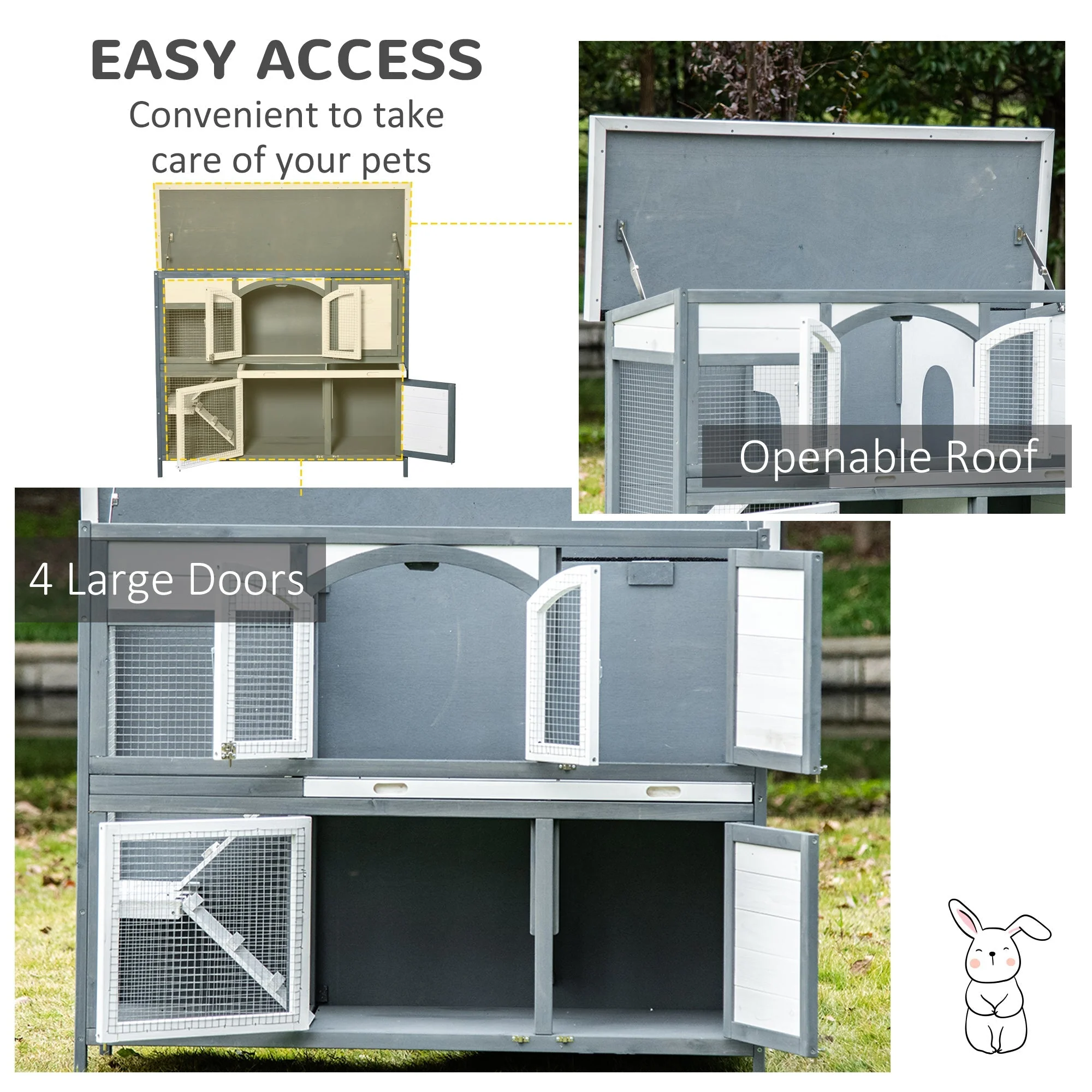 PawHut Two-Tier Wooden Rabbit Hutch Guinea Pig Cage w/ Openable Roof - Image 4