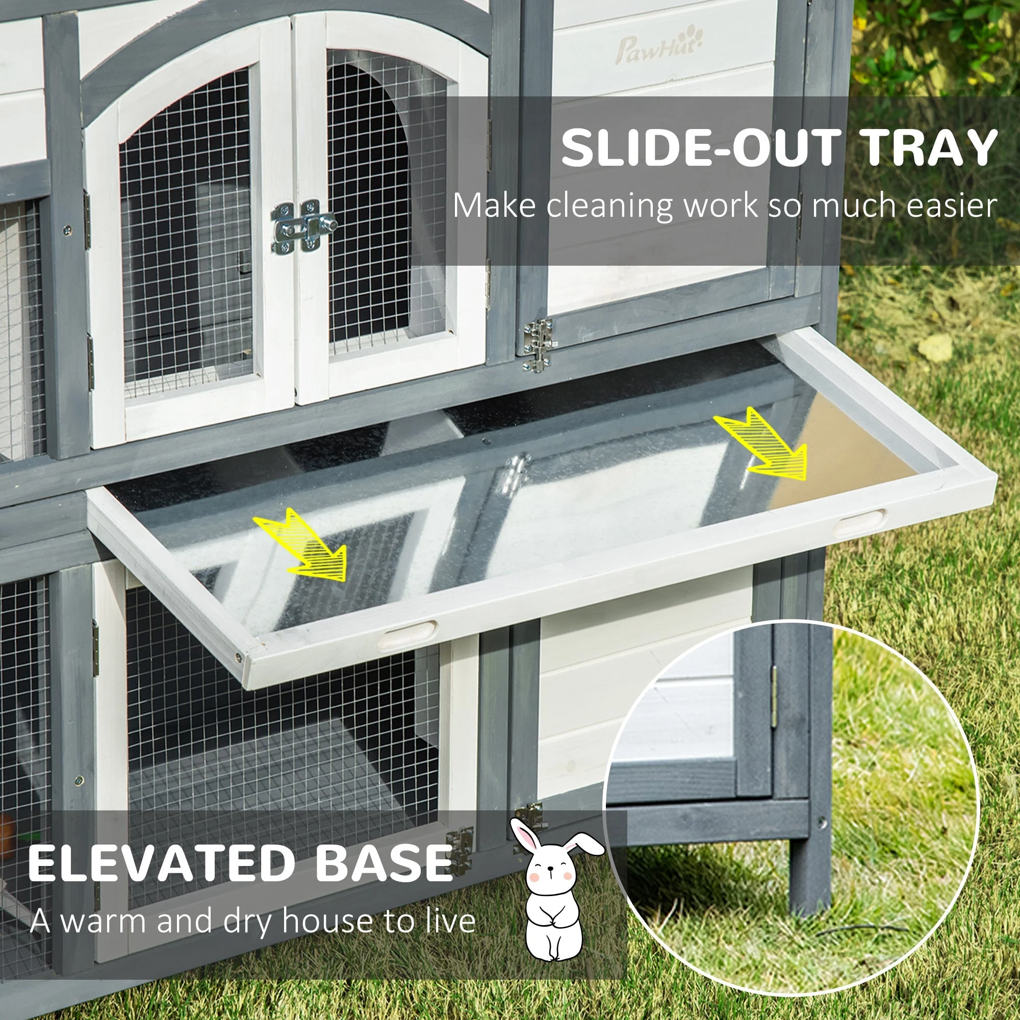 PawHut Two-Tier Wooden Rabbit Hutch Guinea Pig Cage w/ Openable Roof - Image 5