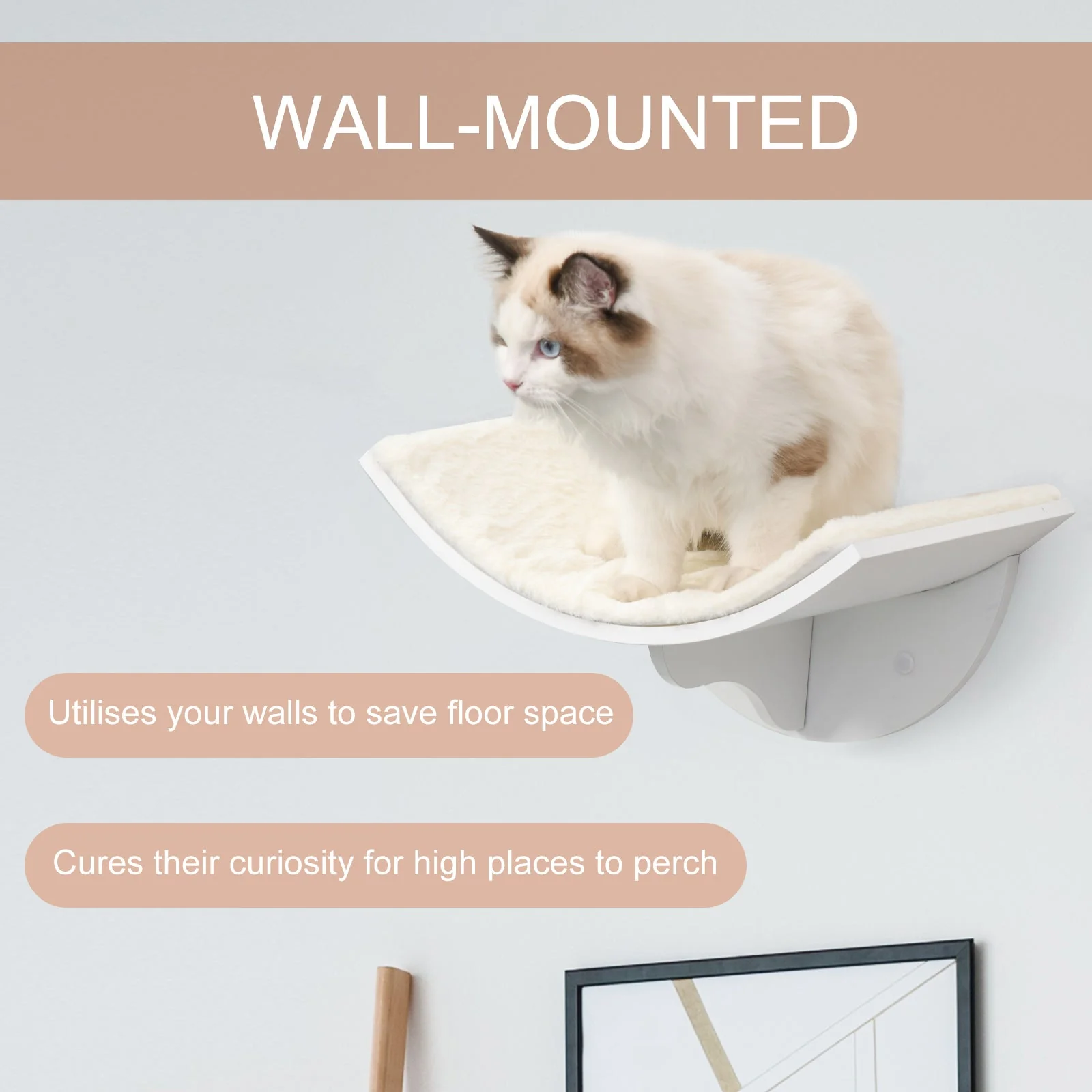 PawHut Wood Cat Shelf Shelter Kitten Bed Curved Climber Wall-Mounted Berber Fleece - Image 6
