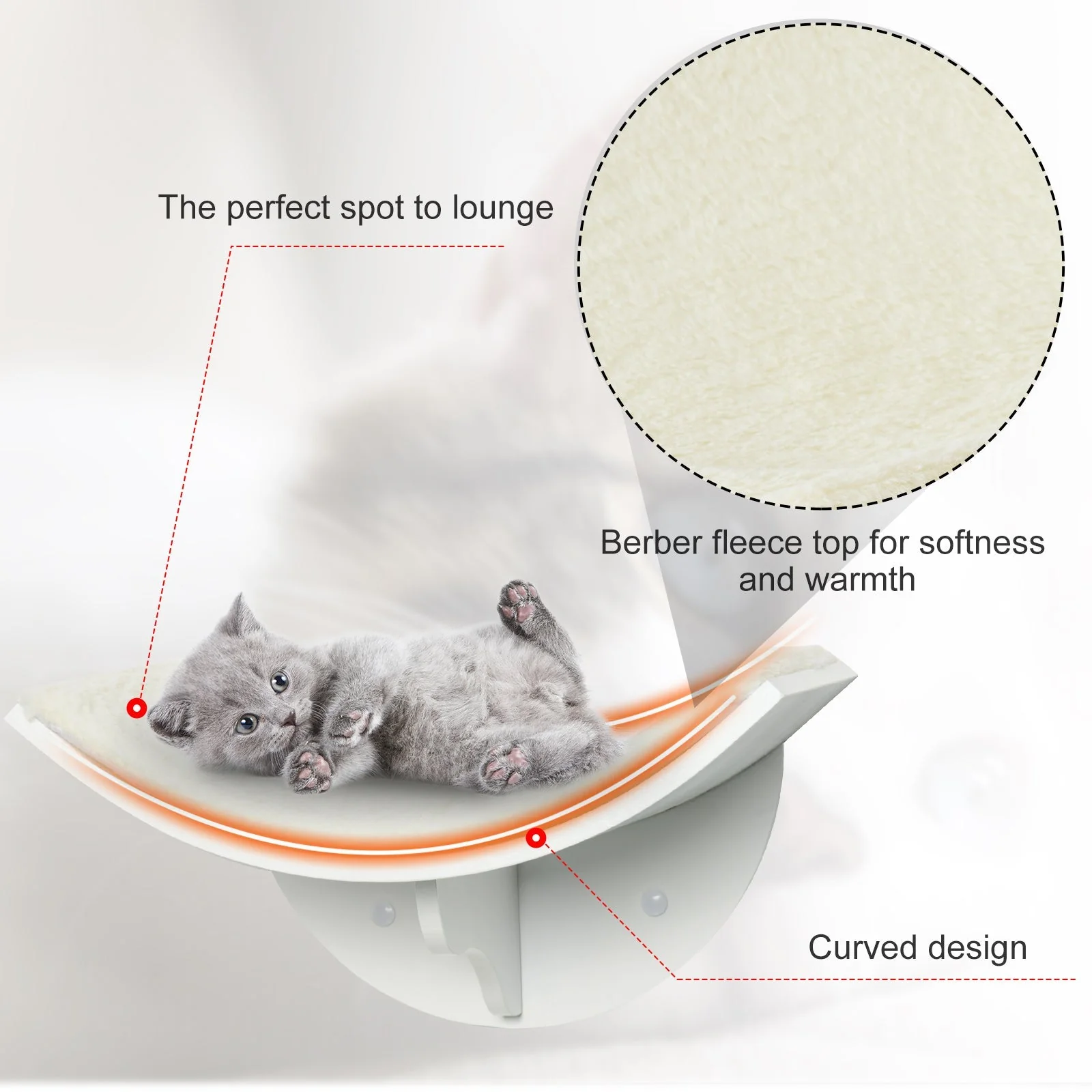 PawHut Wood Cat Shelf Shelter Kitten Bed Curved Climber Wall-Mounted Berber Fleece - Image 7