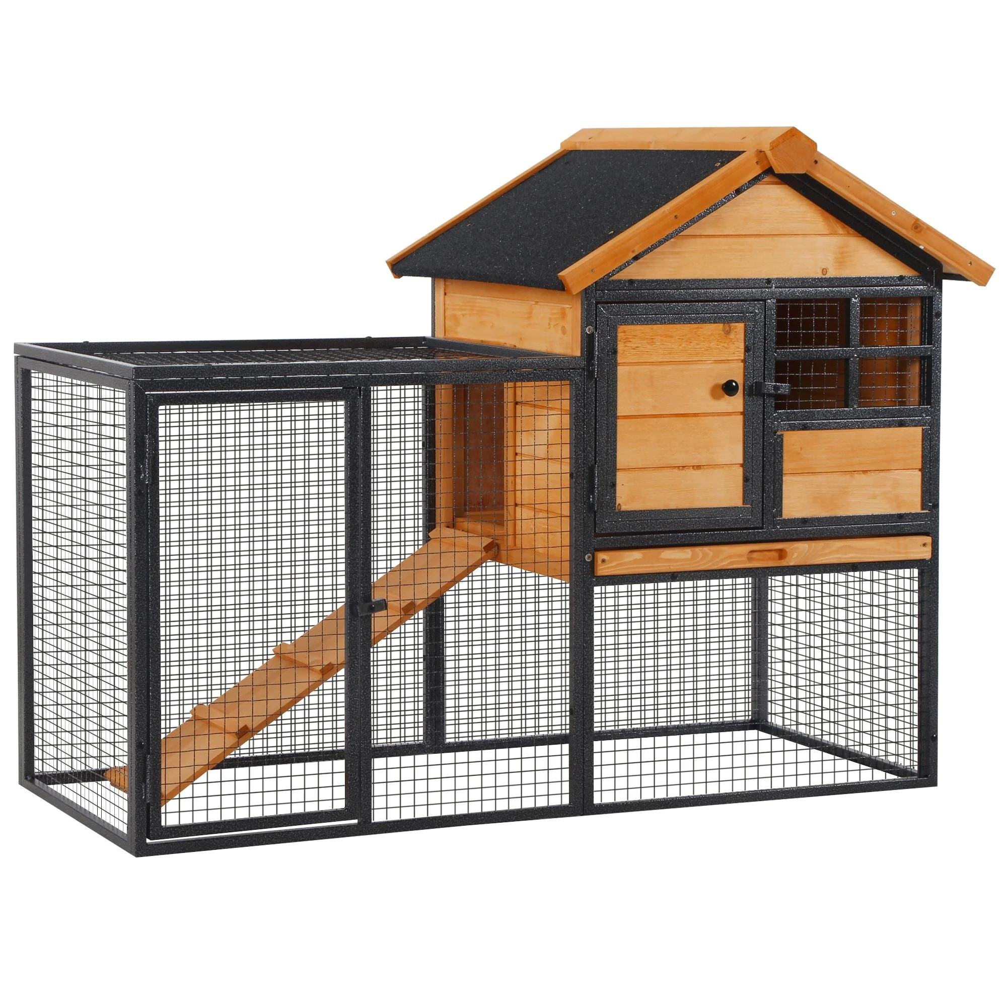 PawHut Wood-metal Rabbit Hutch Elevated Pet Bunny House Rabbit Cage with Slide-Out Tray Outdoor - Image 2