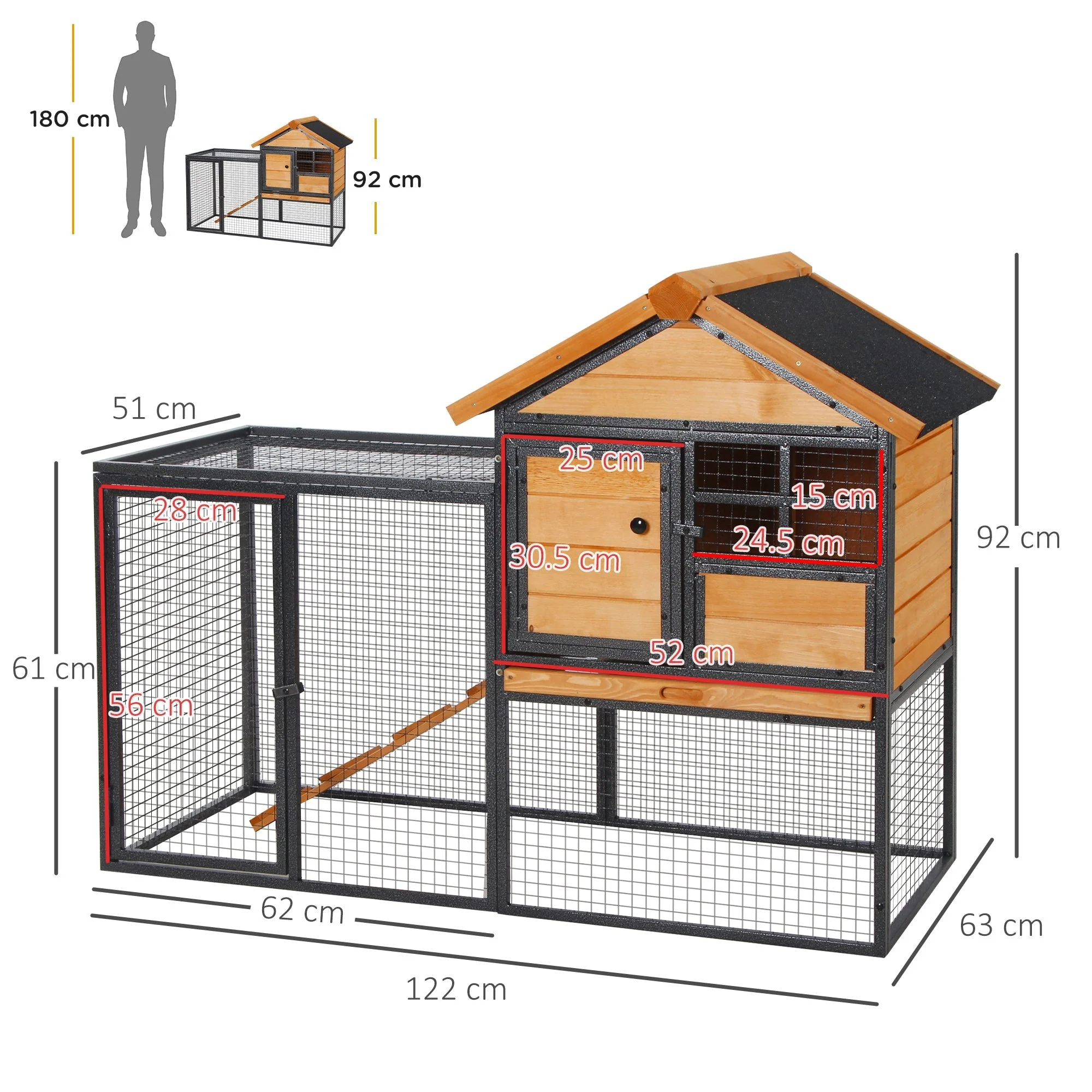 PawHut Wood-metal Rabbit Hutch Elevated Pet Bunny House Rabbit Cage with Slide-Out Tray Outdoor - Image 5