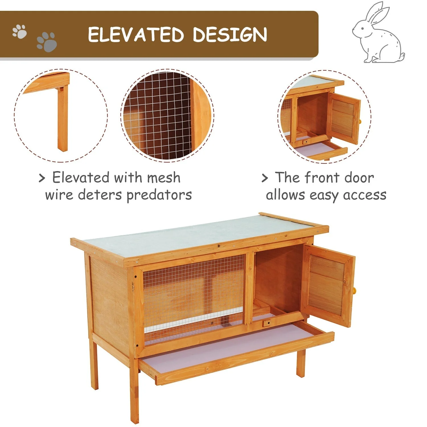 PawHut Wood Rabbit Hutch Guinea Pig House Bunny Cage Shelter Indoor Outdoor Elevated with Sliding Tray 90x45x65cm - Image 4