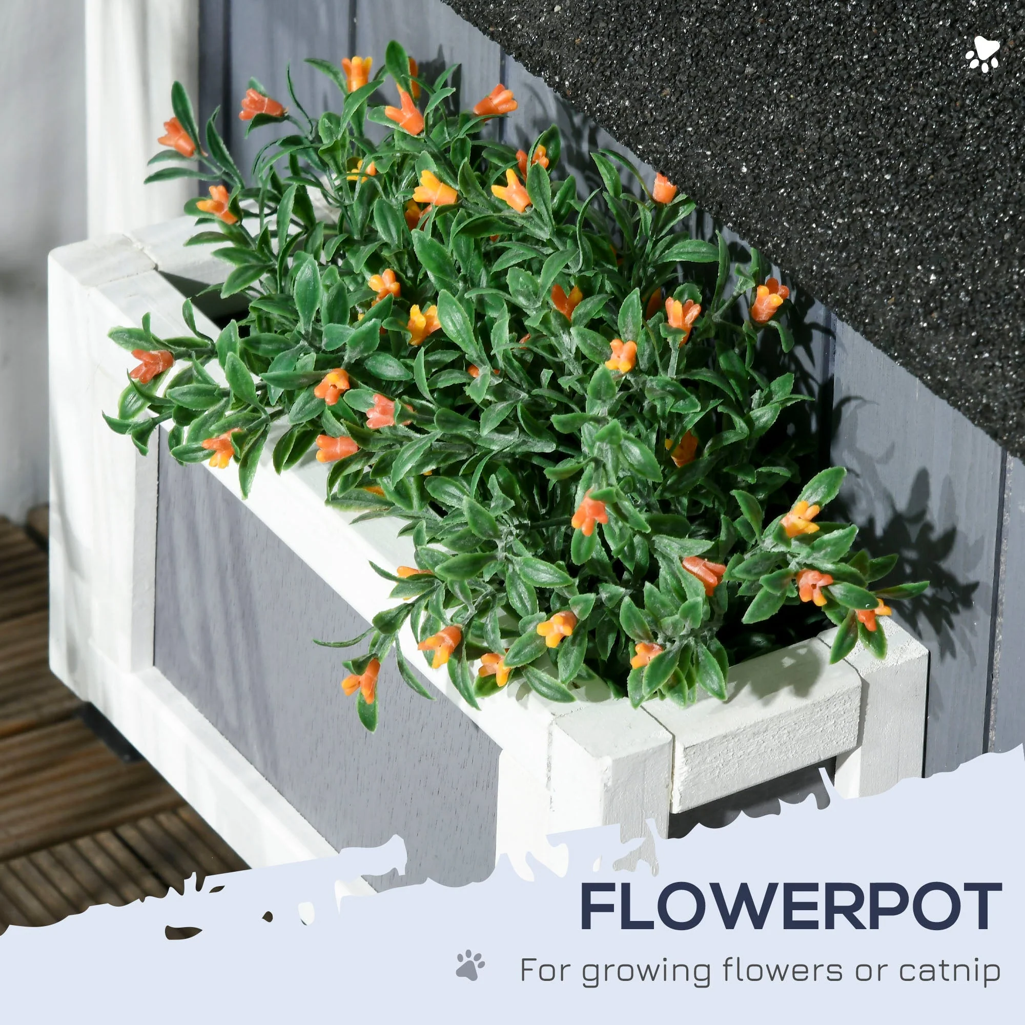 PawHut Wooden Outdoor Cat House with Flower Pot - Image 4