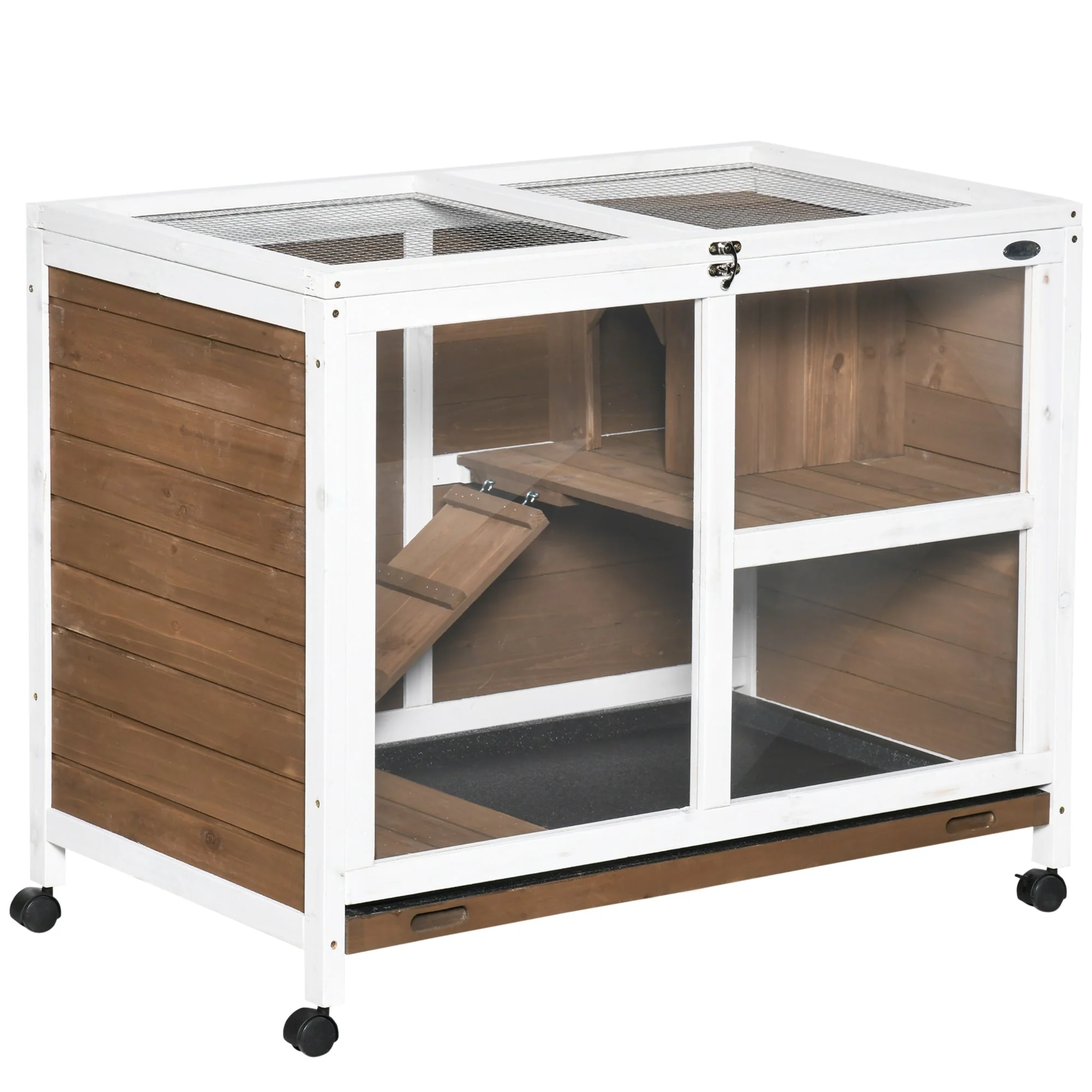 PawHut Wooden Rabbit Hutch Guinea Pigs House Bunny Small Animal Cage W/ Pull-out Tray Openable Roof Wheels 91.5 x 53.3 x 73 cm - Image 3