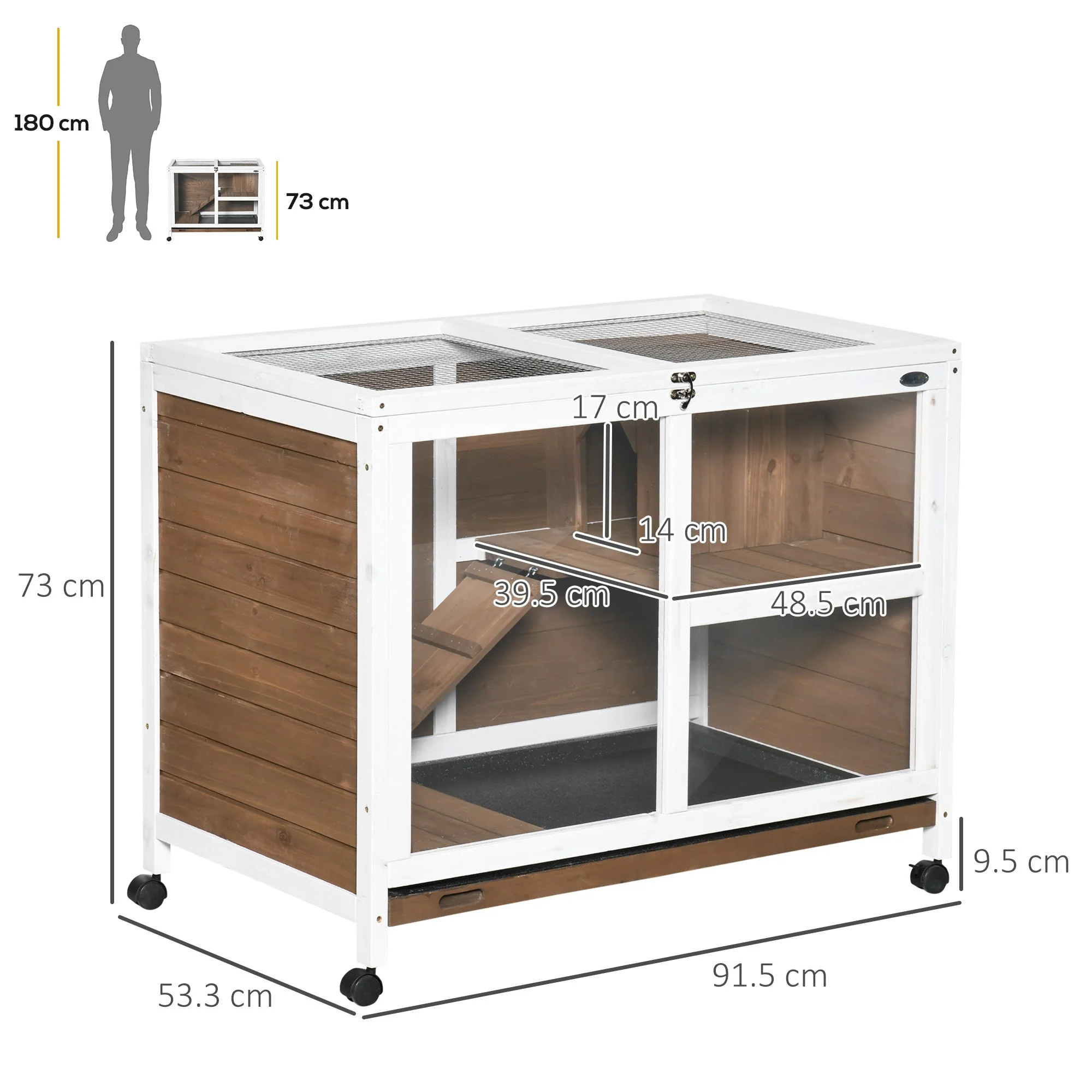 PawHut Wooden Rabbit Hutch Guinea Pigs House Bunny Small Animal Cage W/ Pull-out Tray Openable Roof Wheels 91.5 x 53.3 x 73 cm - Image 4