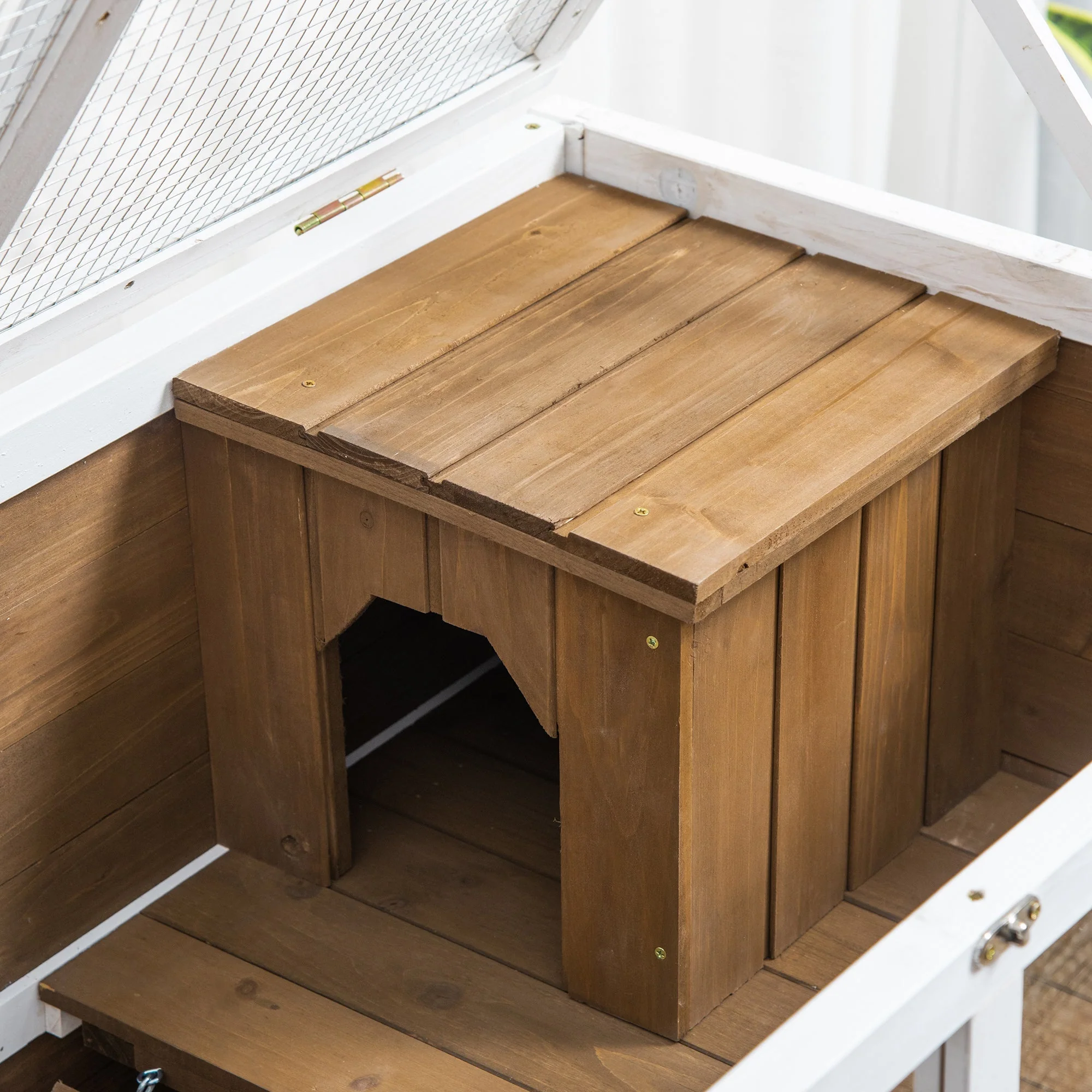 PawHut Wooden Rabbit Hutch Guinea Pigs House Bunny Small Animal Cage W/ Pull-out Tray Openable Roof Wheels 91.5 x 53.3 x 73 cm - Image 9