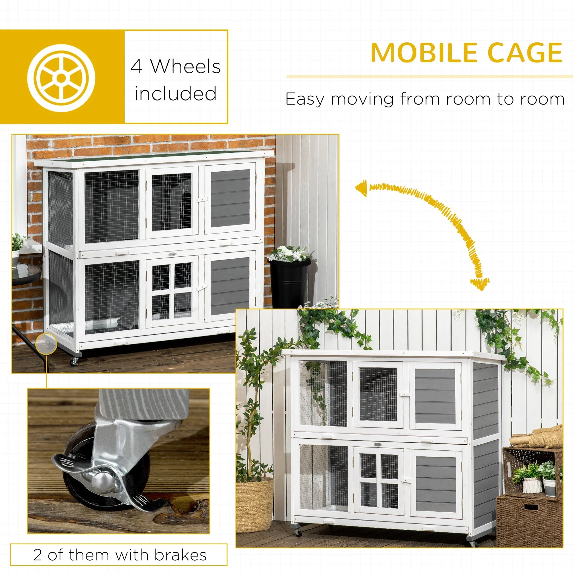 PawHut Wooden Rabbit Hutch with Wheels - Image 8