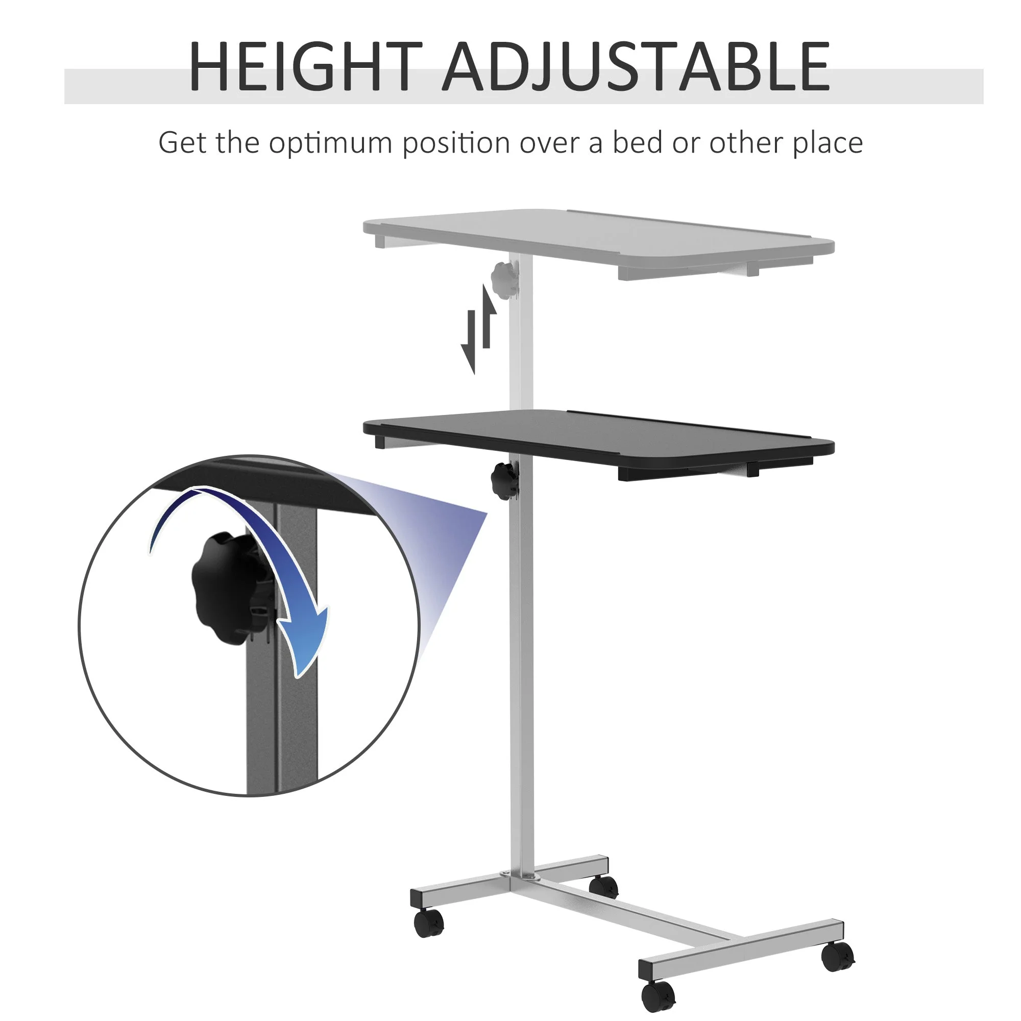 Portable Overbed/Chair Table Sofa Side Notebook Laptop Desk PC Stand Height Adjustable w/ Lockable 4 Castors & Wooden Top - Black - Image 4