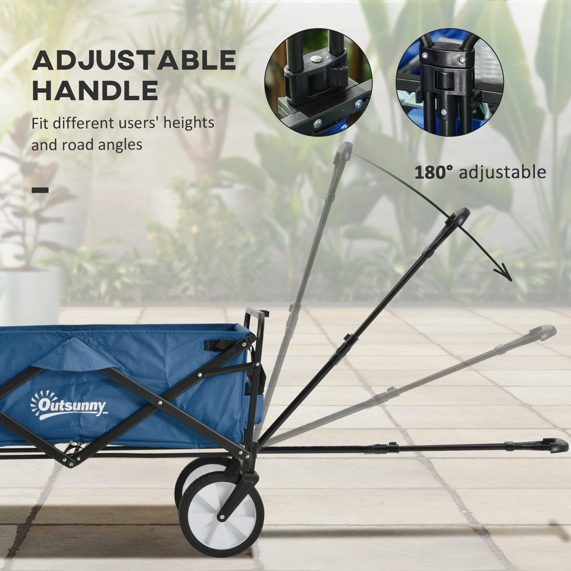 Pull Along Cart Folding Cargo Wagon Trailer Trolley for Beach Garden Use with Telescopic Handle - Navy Blue - Image 4