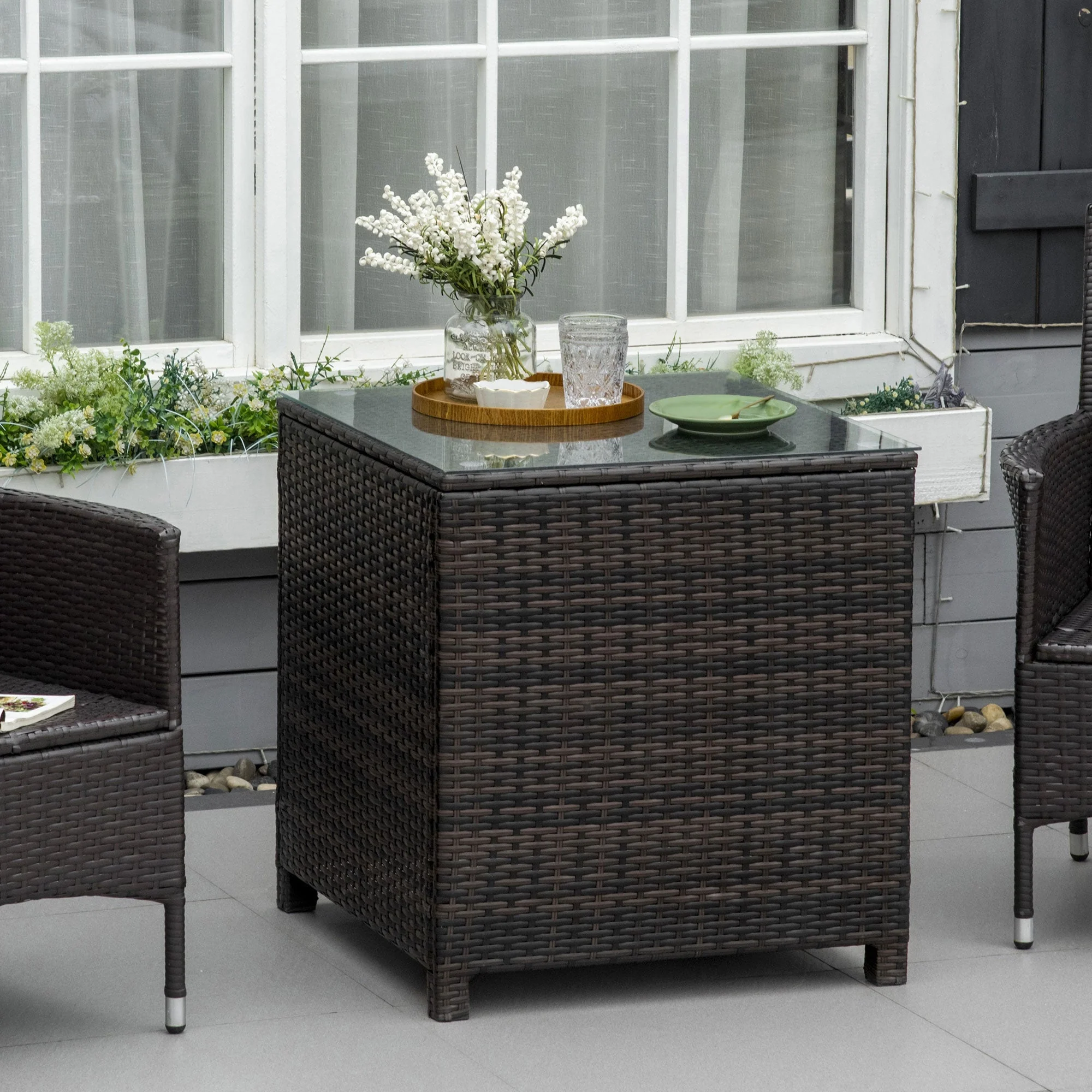 Rattan Garden Furniture Side Table Patio Frame Tempered Glass New - Brown - Image 2