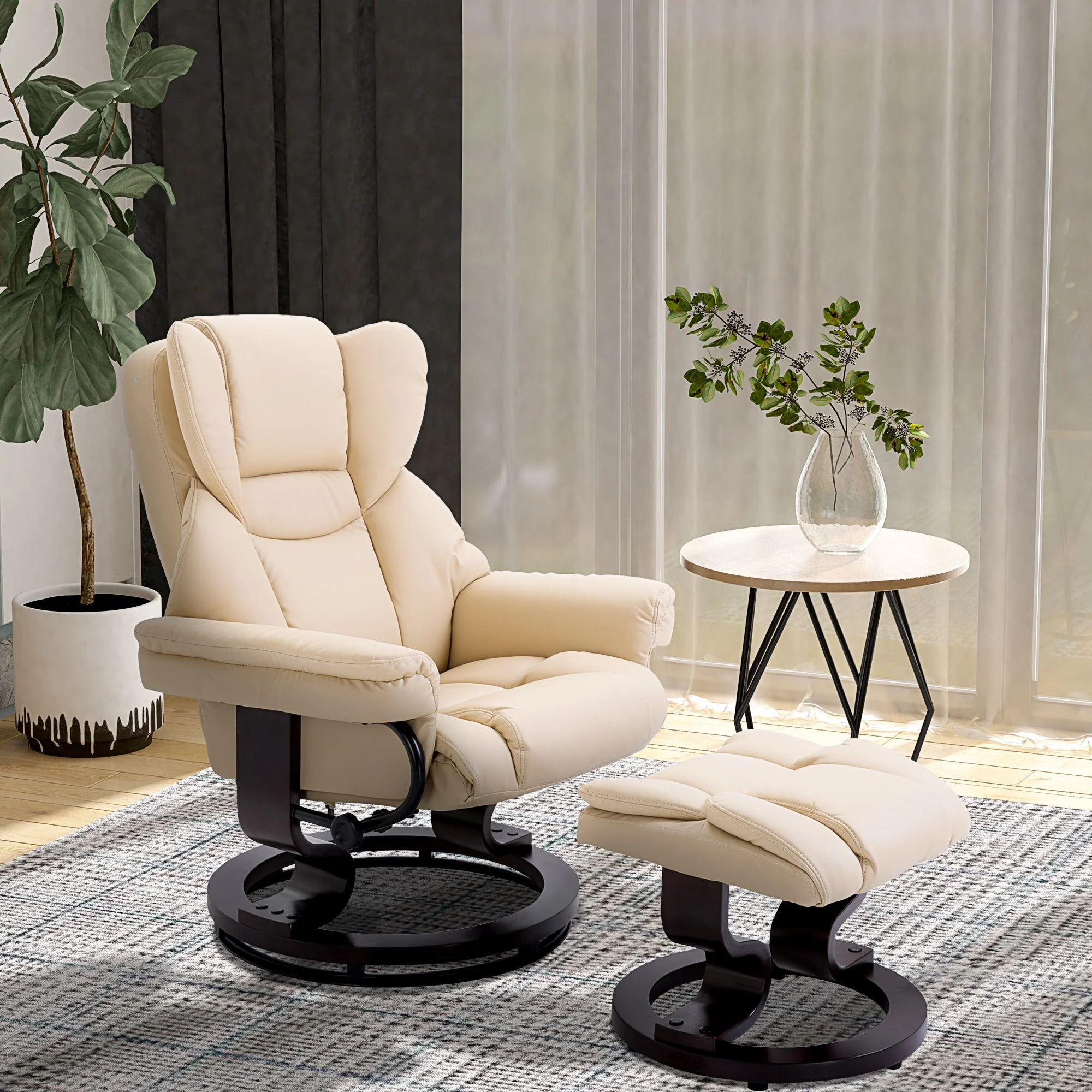 Reclining Swivel Armchair Footstool Set Sofa Padded PU Leather Relaxing Manual Duo Metal Frame Bentwood Base Cream - Image 2