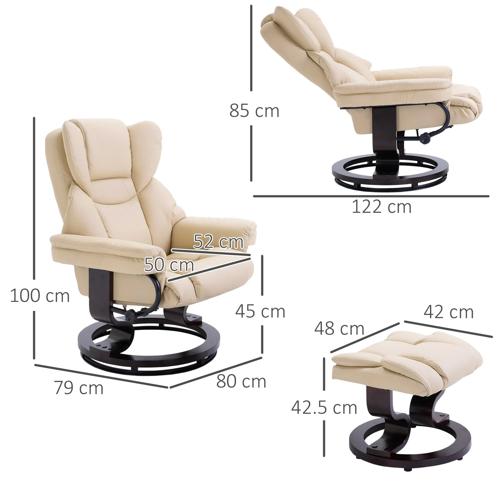 Reclining Swivel Armchair Footstool Set Sofa Padded PU Leather Relaxing Manual Duo Metal Frame Bentwood Base Cream - Image 3