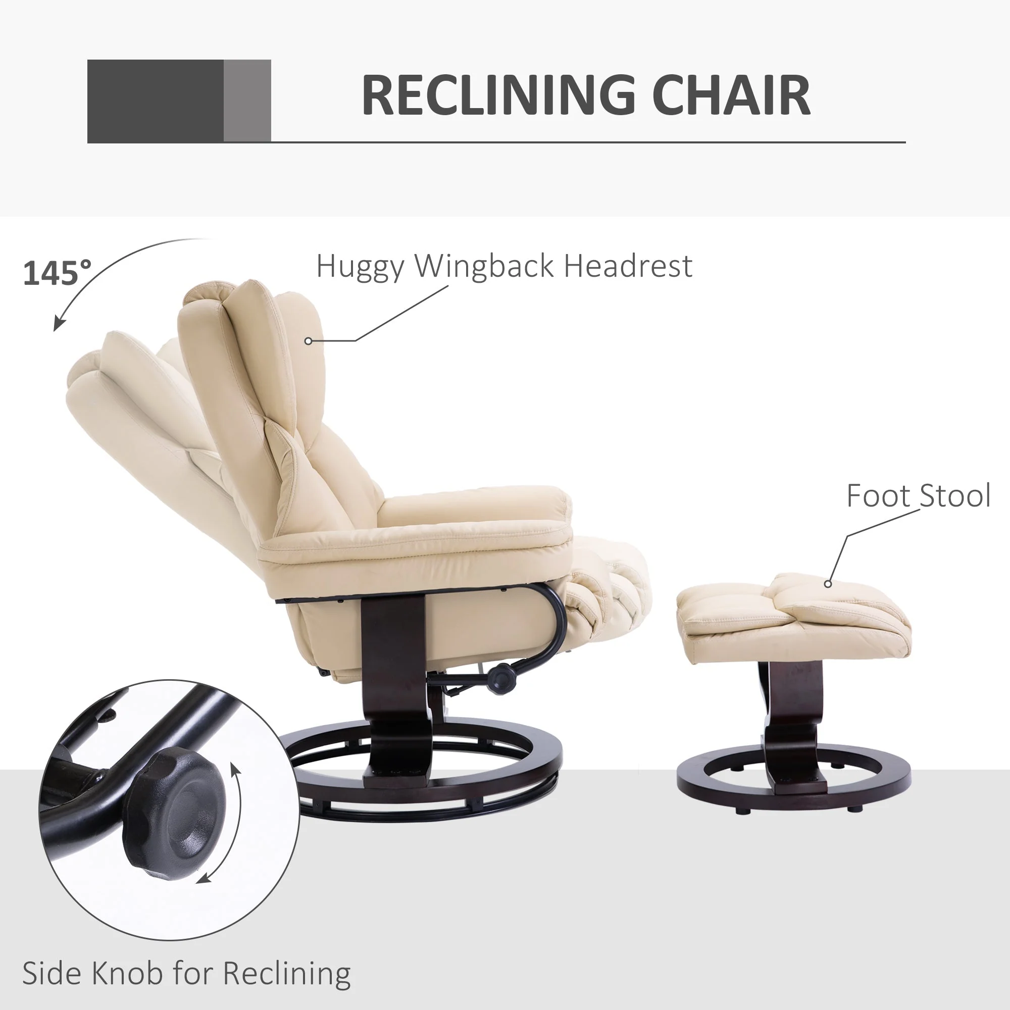 Reclining Swivel Armchair Footstool Set Sofa Padded PU Leather Relaxing Manual Duo Metal Frame Bentwood Base Cream - Image 4