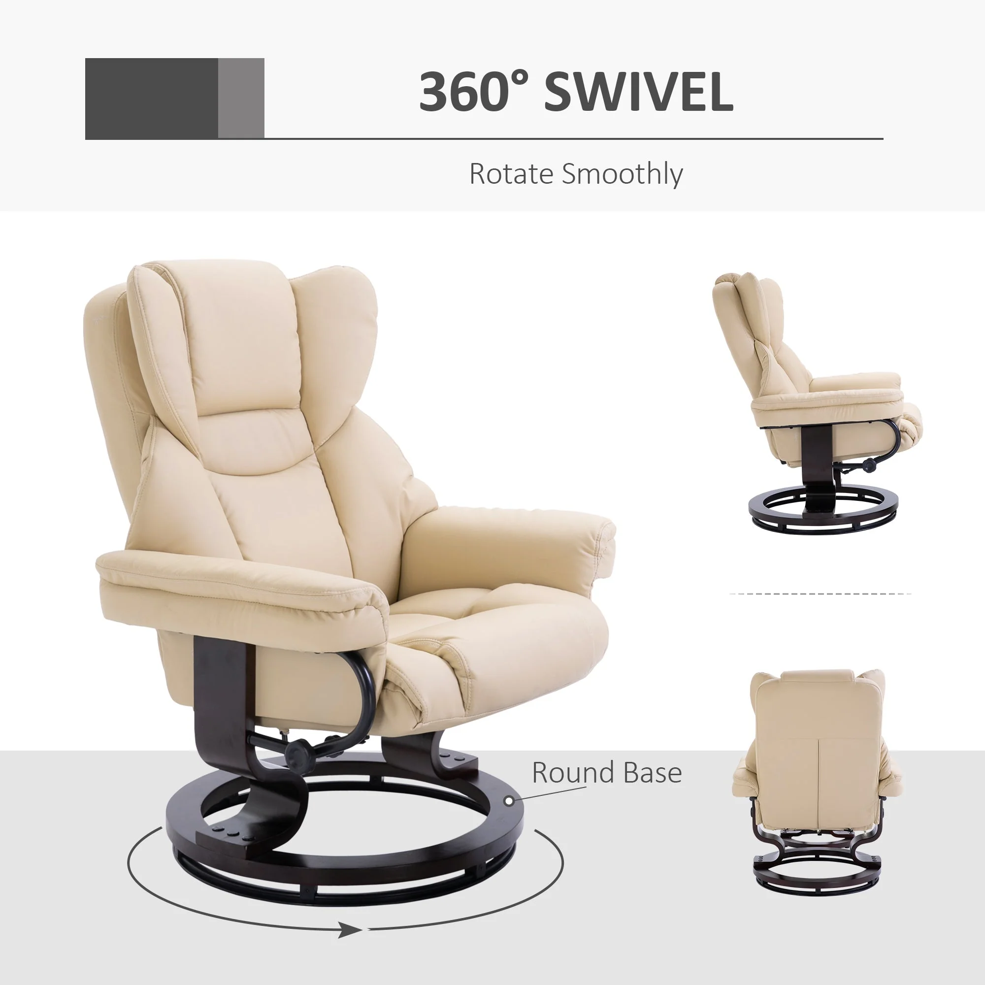 Reclining Swivel Armchair Footstool Set Sofa Padded PU Leather Relaxing Manual Duo Metal Frame Bentwood Base Cream - Image 6
