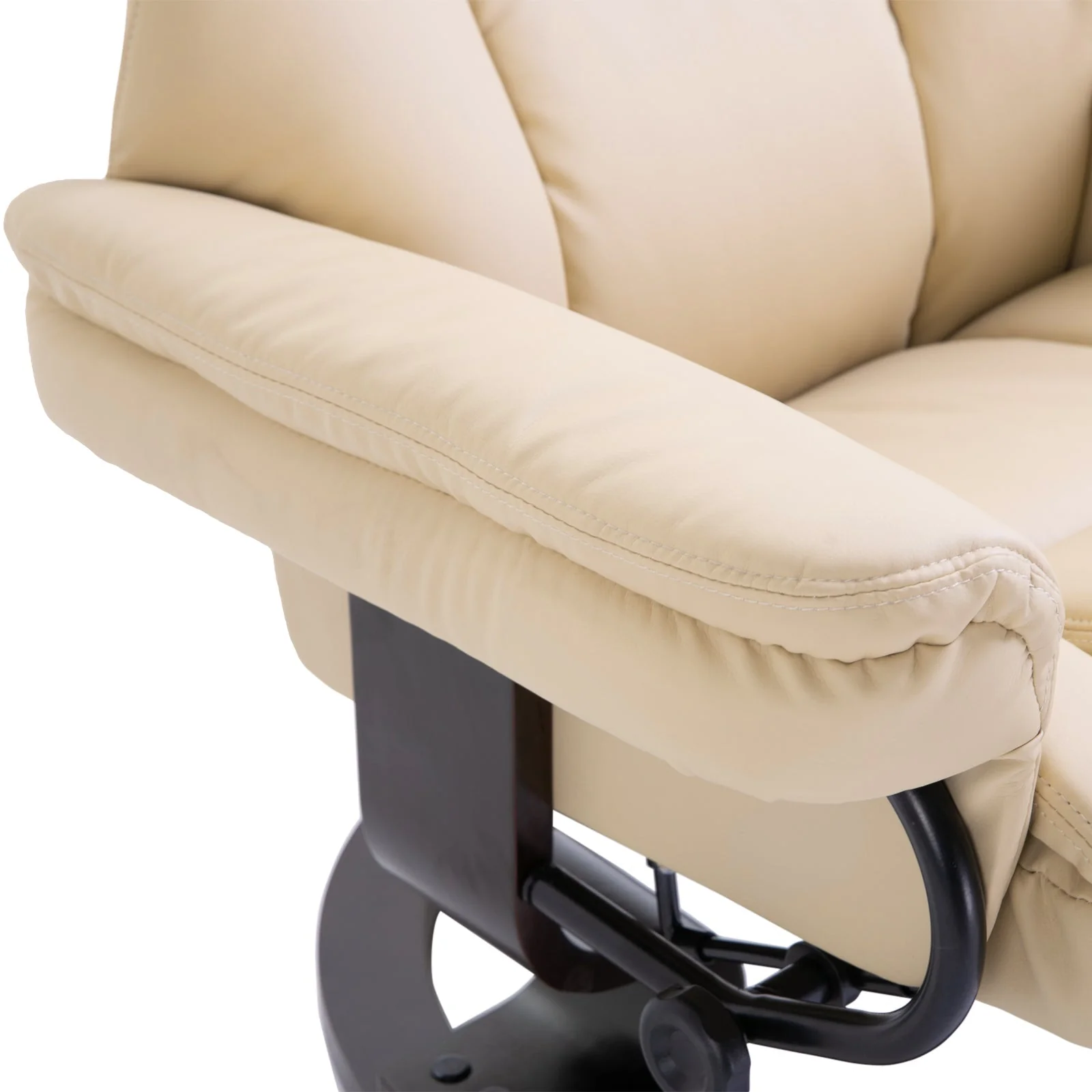 Reclining Swivel Armchair Footstool Set Sofa Padded PU Leather Relaxing Manual Duo Metal Frame Bentwood Base Cream - Image 7