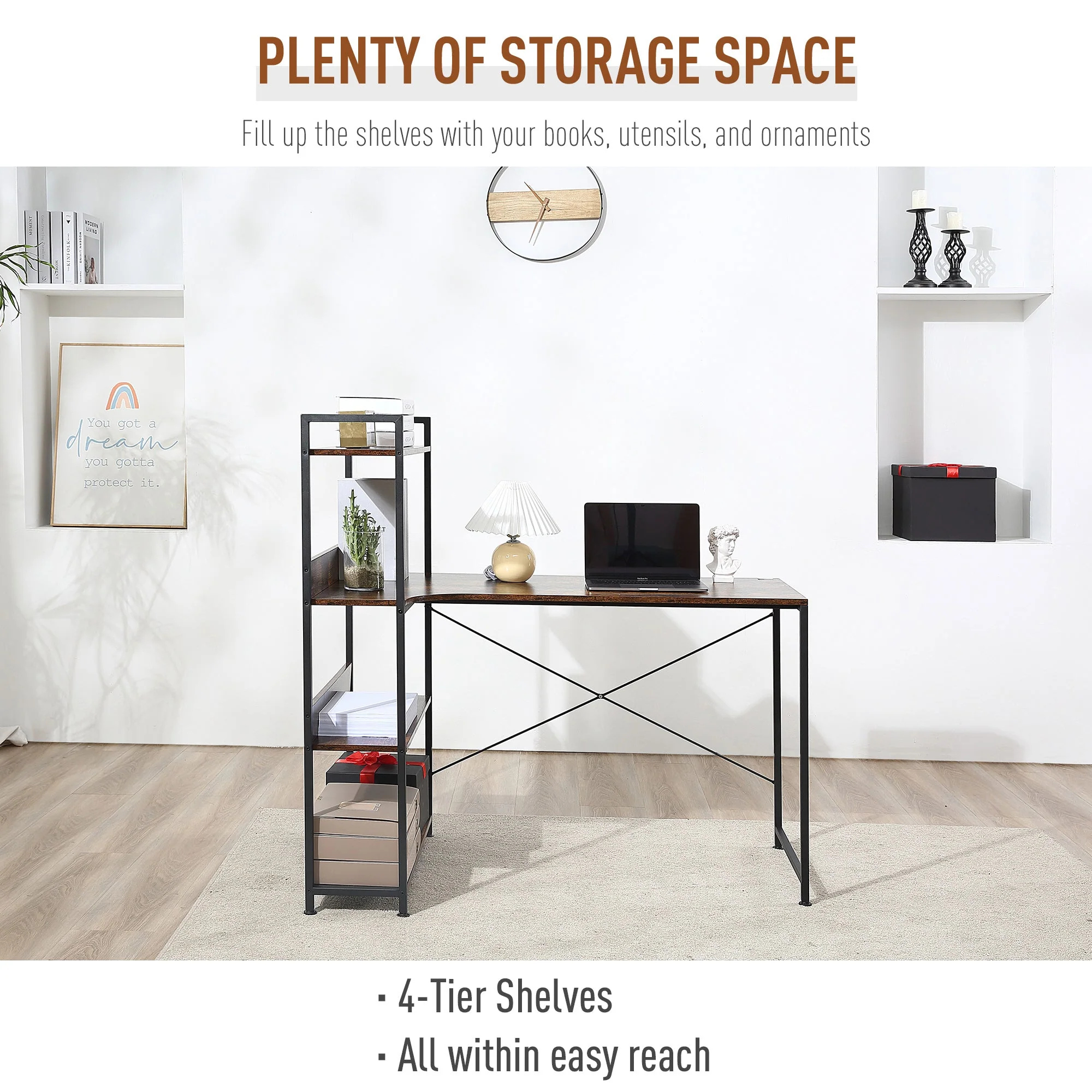 Retro Industrial Computer Desk Home Office Table with 4-Tier Storage Shelf Metal Frame Computer Workstation for Home Office - Image 5