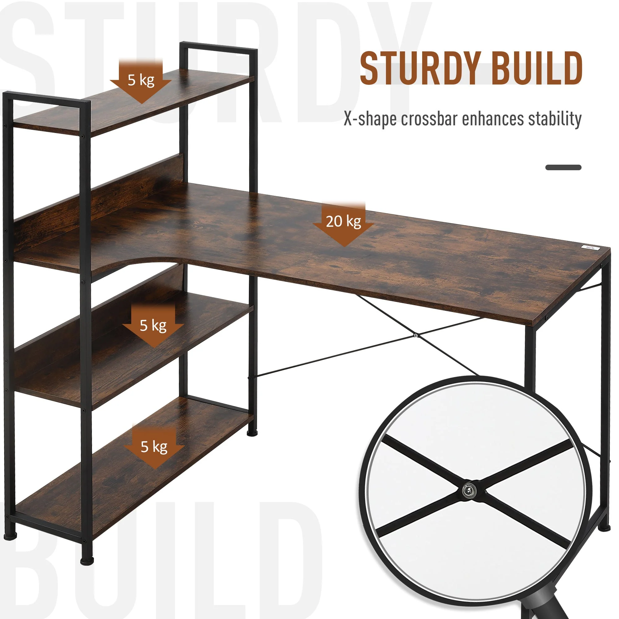 Retro Industrial Computer Desk Home Office Table with 4-Tier Storage Shelf Metal Frame Computer Workstation for Home Office - Image 6